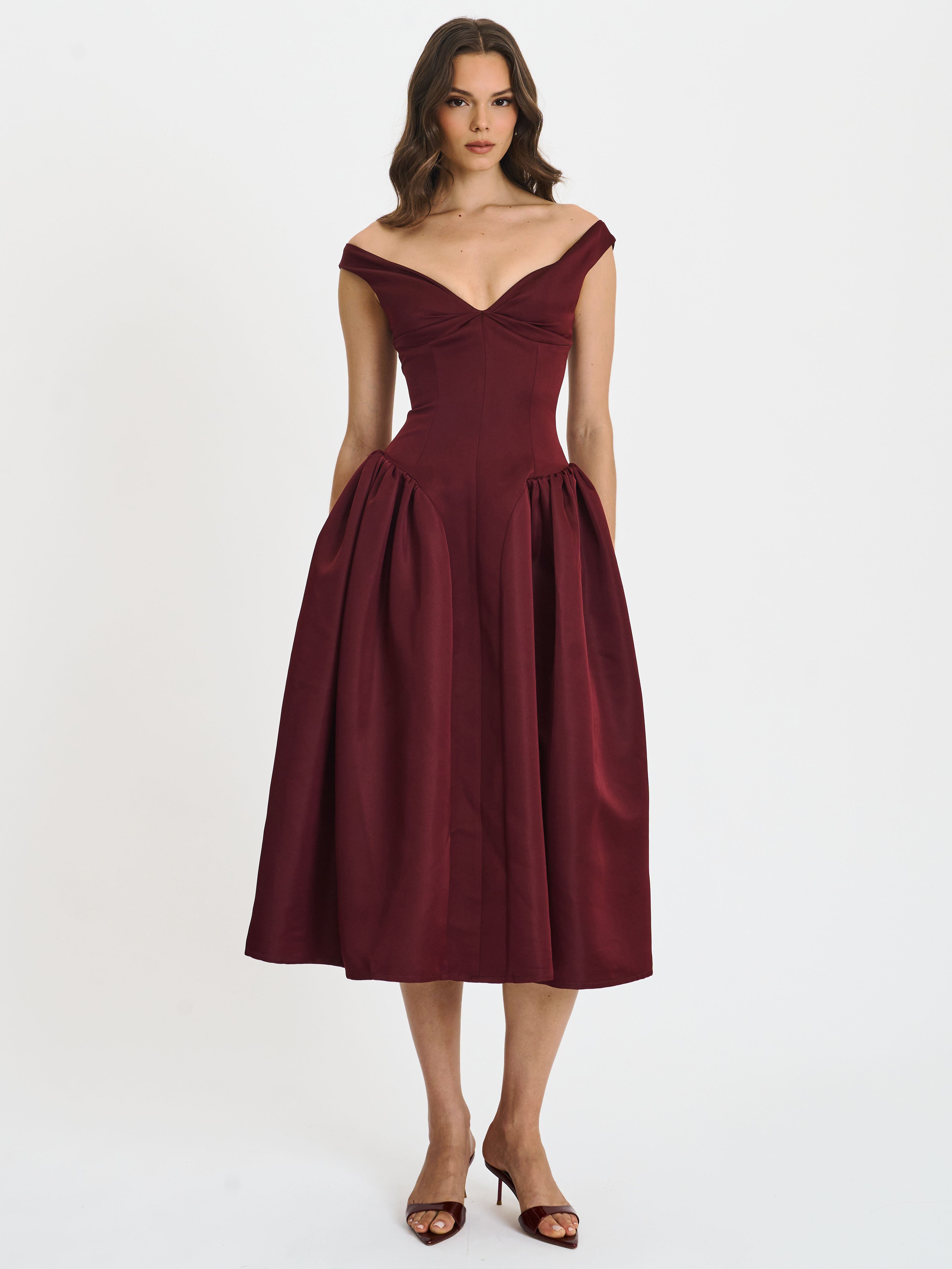 Omella Burgundy Ruched Bust Sweetheart Flared Maxi Dress