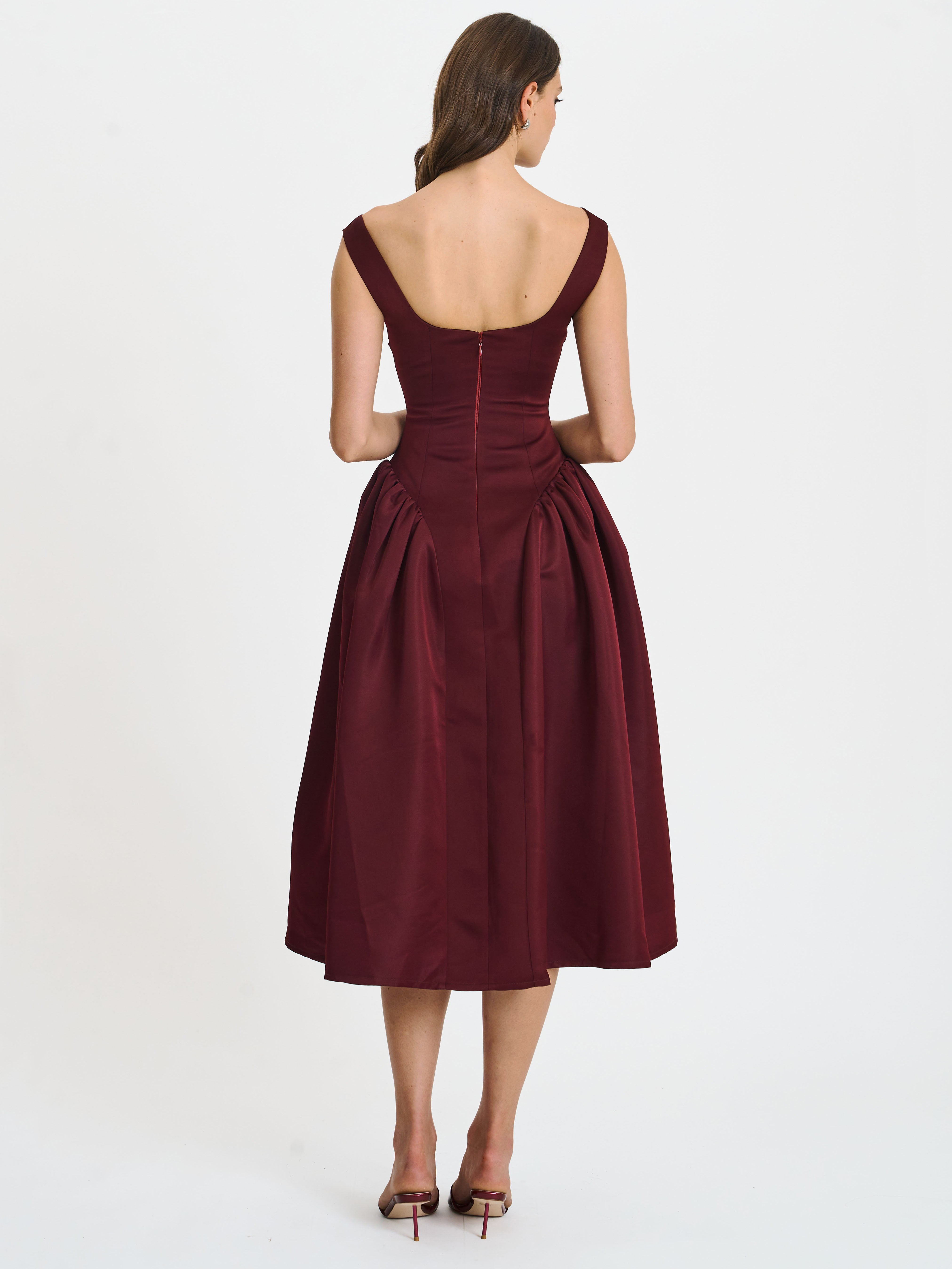 Omella Burgundy Ruched Bust Sweetheart Flared Maxi Dress