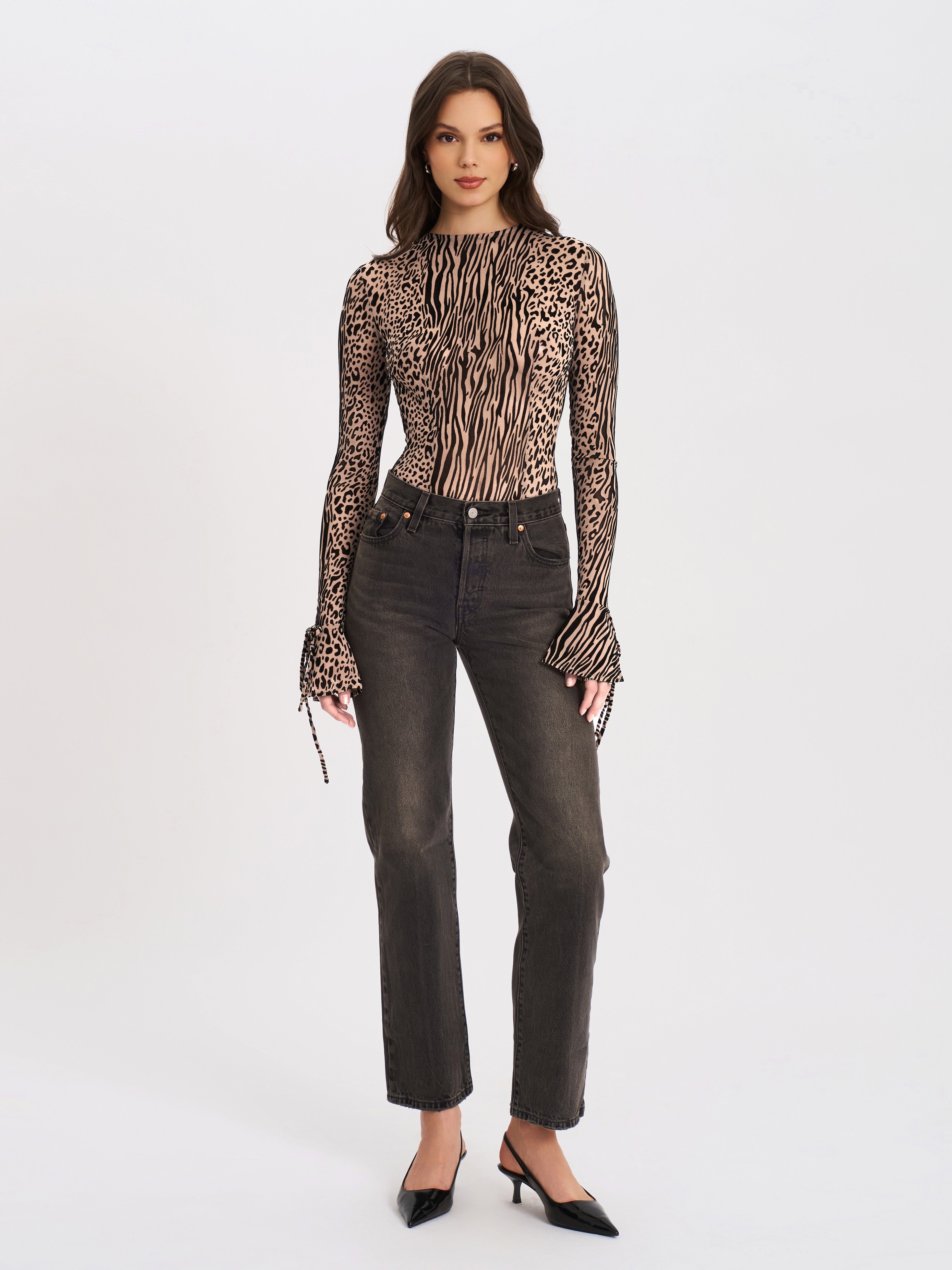 Ibera Animal Print Burnout Velvet Long Sleeve Bodysuit