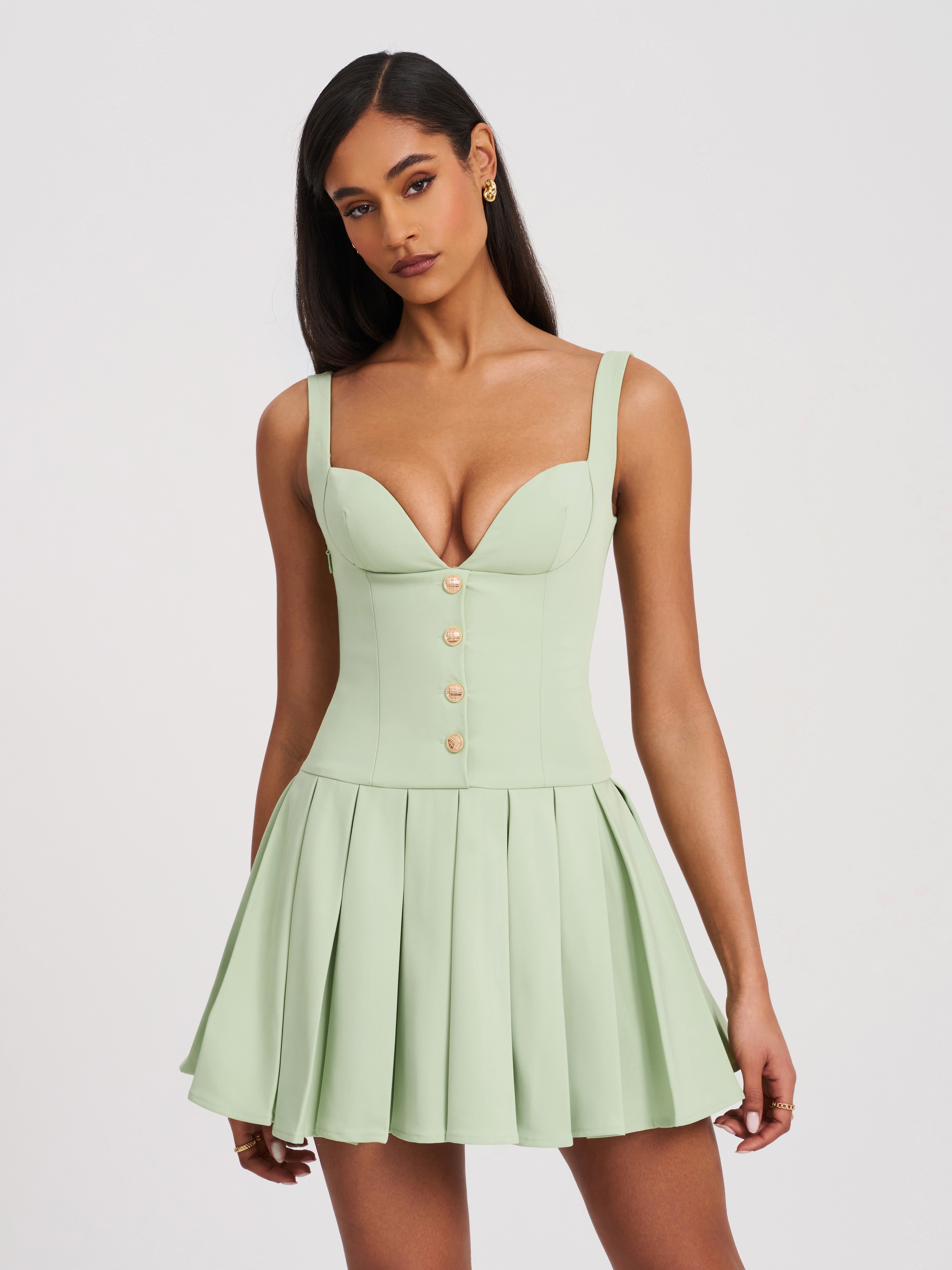Tala Pistachio Green Sleeveless Pleated Preppy Mini Dress