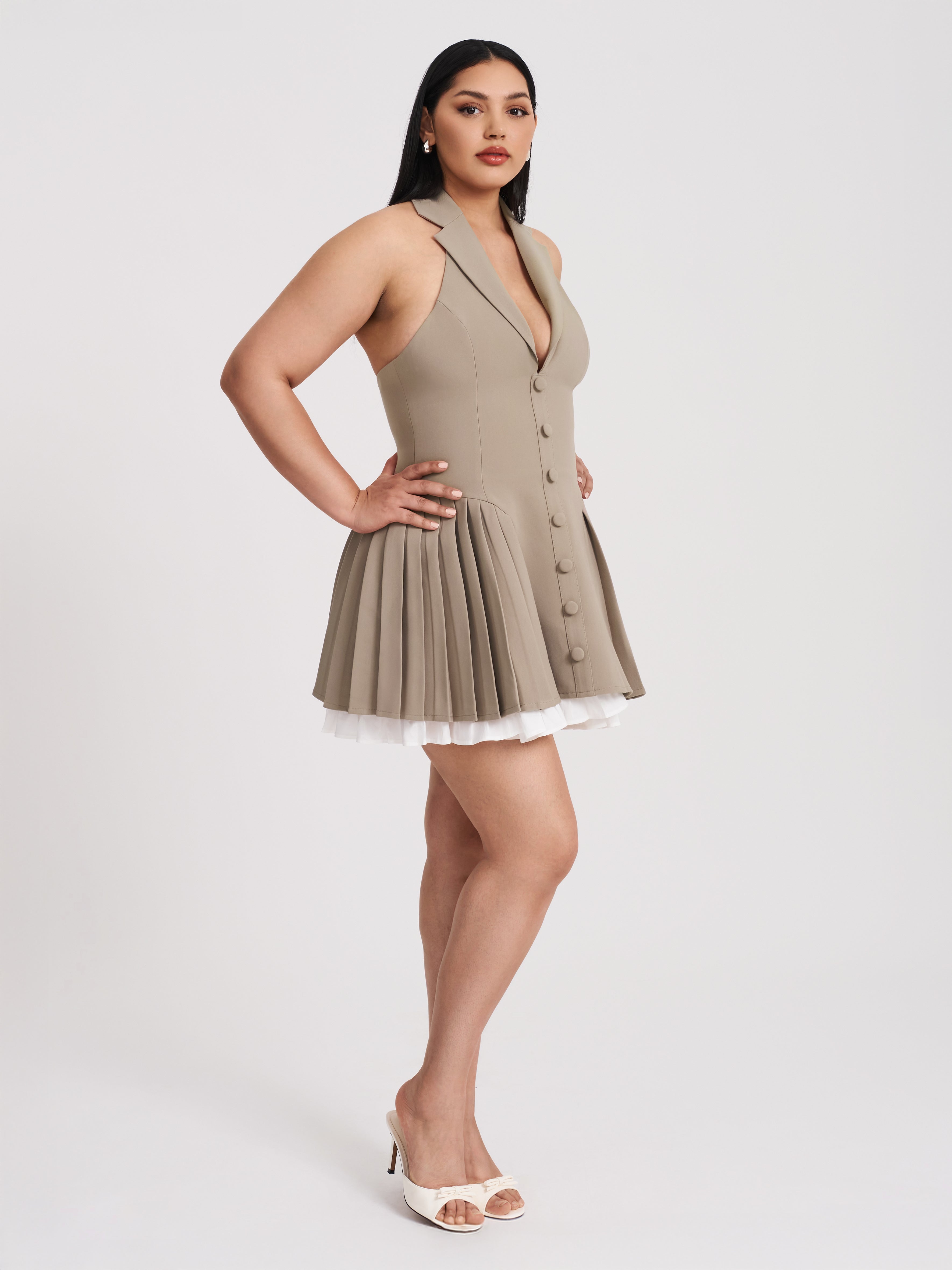 Hazel Brown Preppy Halter Neck Pleated Mini Dress