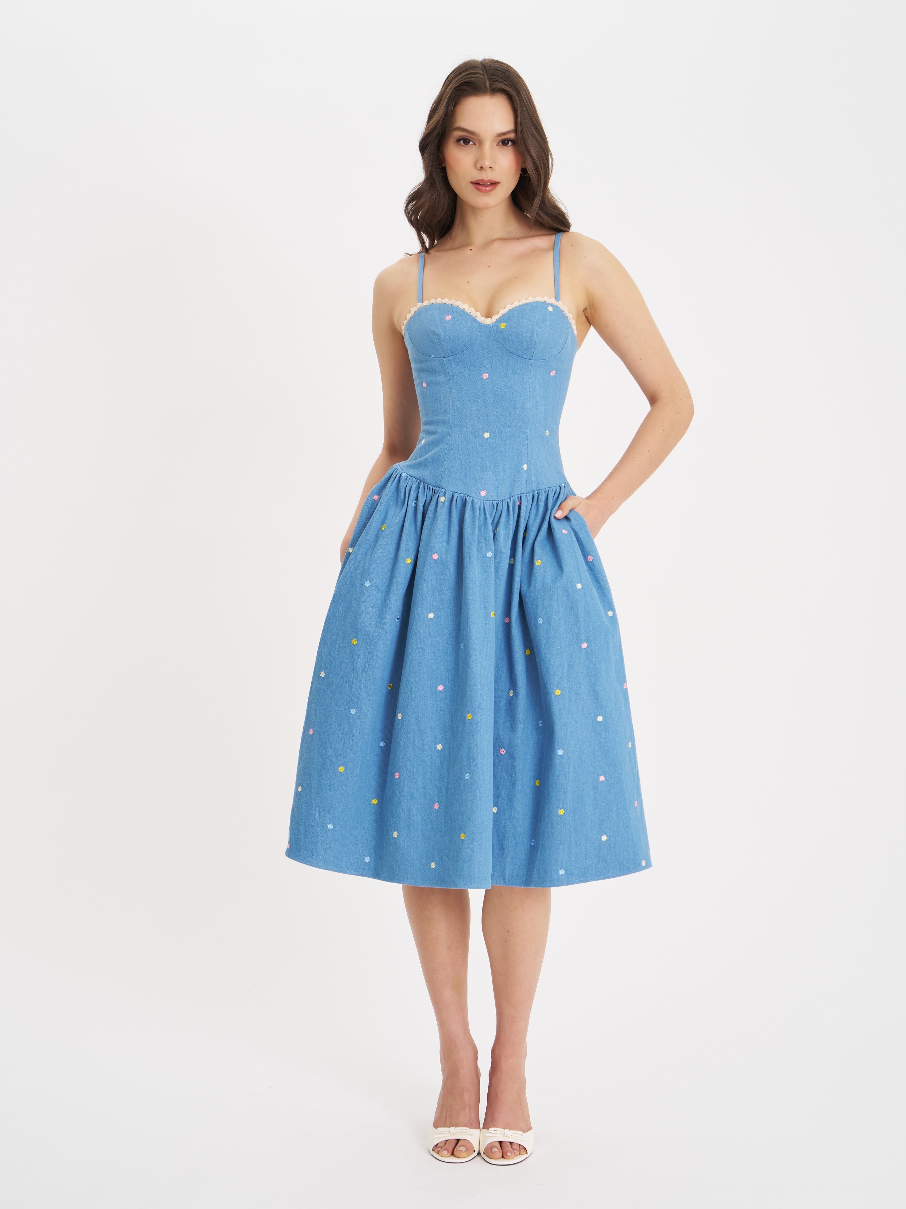 Zadie Cotton Denim Drop Waist Embroidery Flower Midi Dress