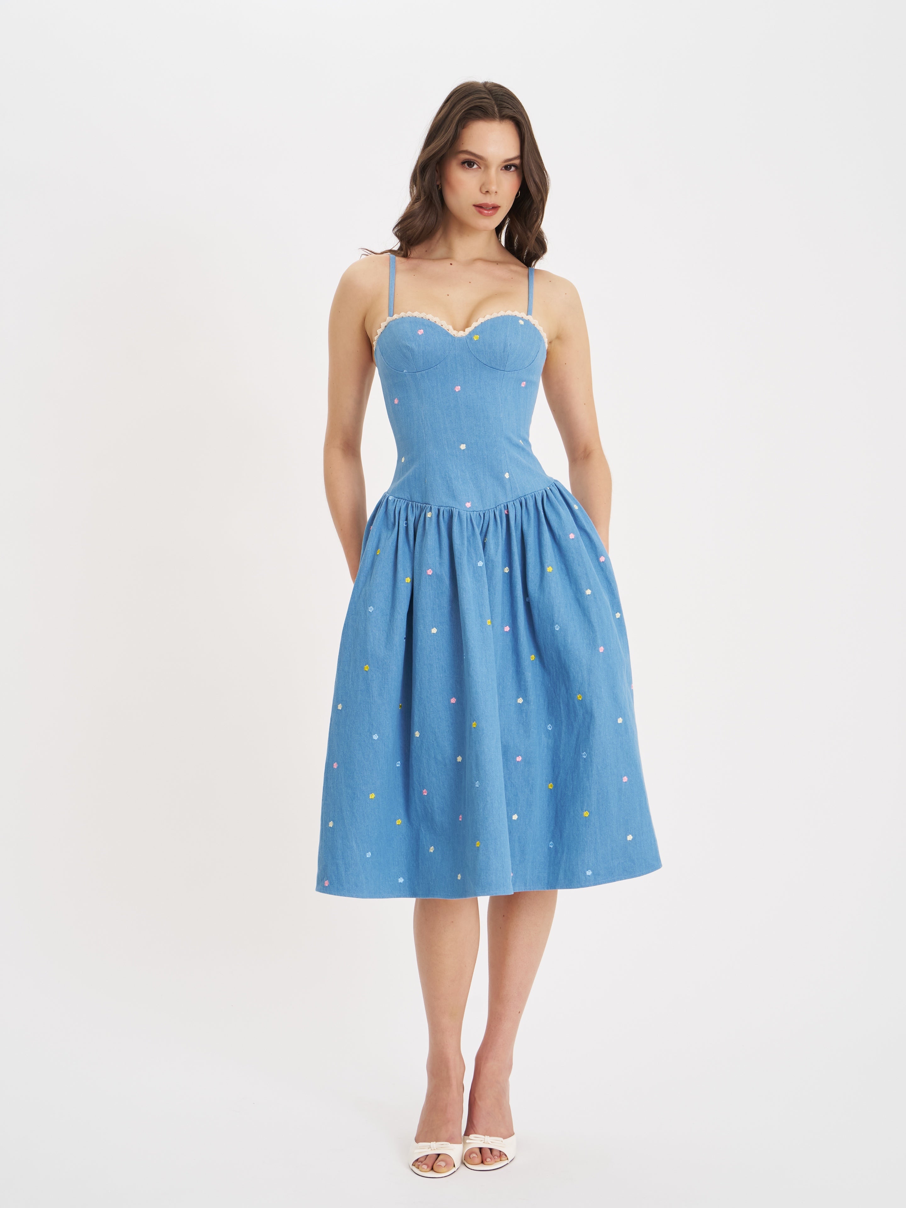 Zadie Cotton Denim Drop Waist Embroidery Flower Midi Dress