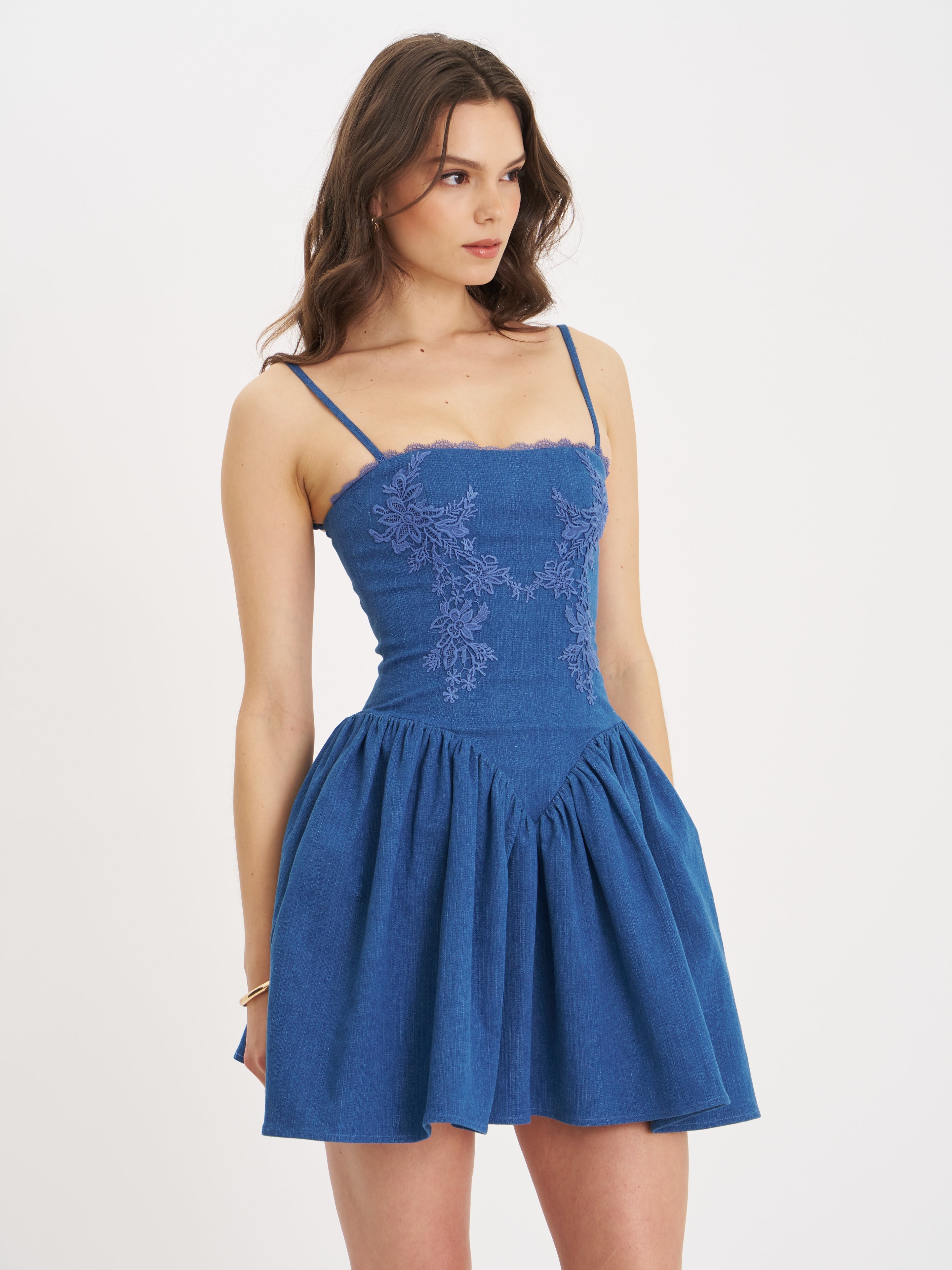 Zafira Cotton Denim Drop Waist Corset Mini Dress