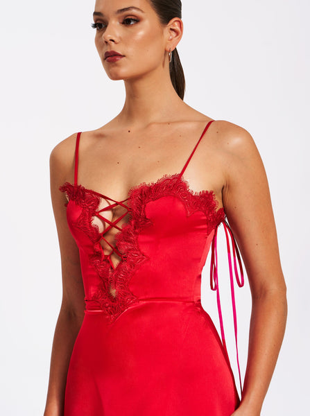 Rabia Red Lace Up High Slit Satin Dress – Miss Circle