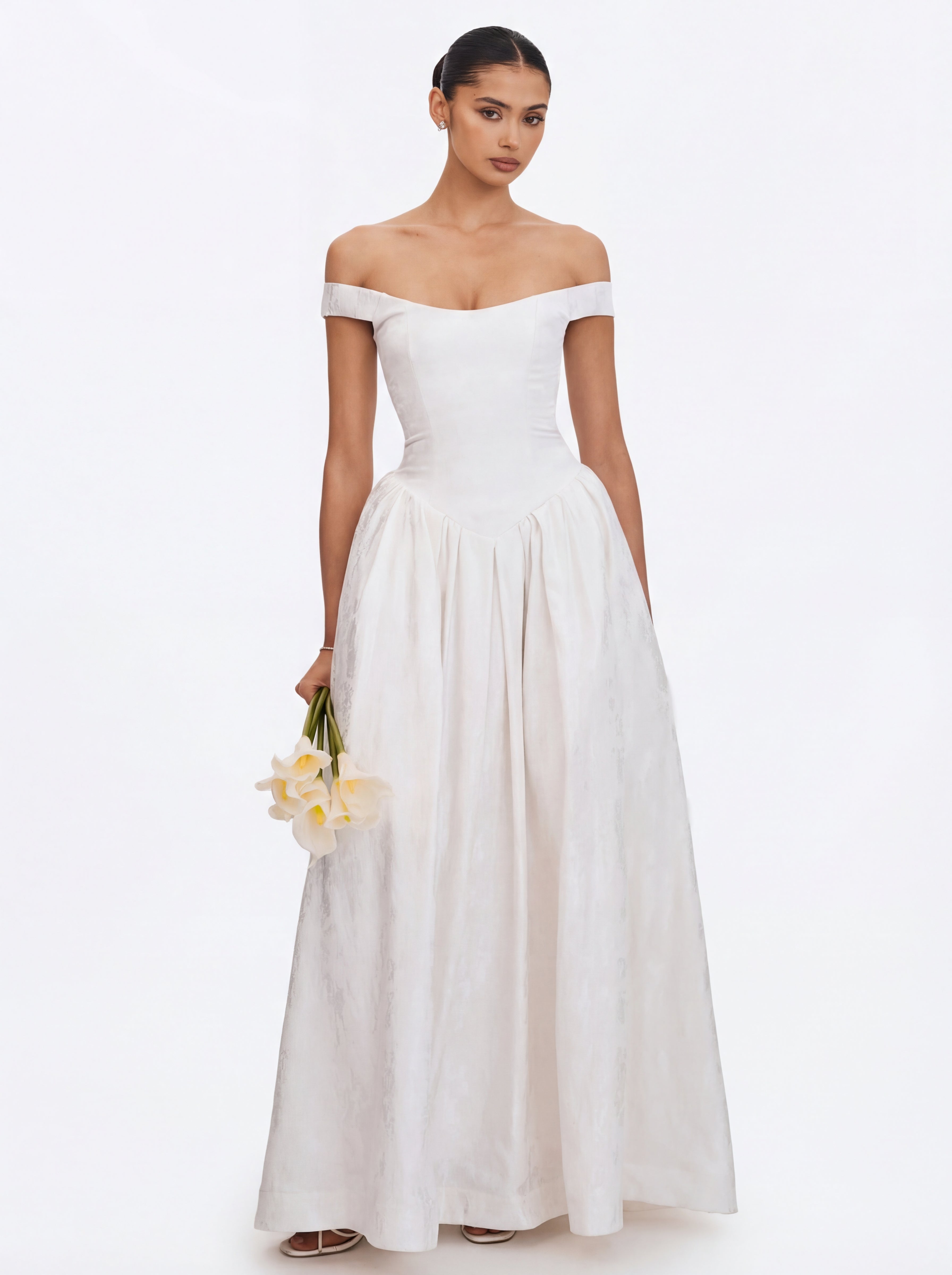 Tinsley White Jacquard Bardot Wedding Gown