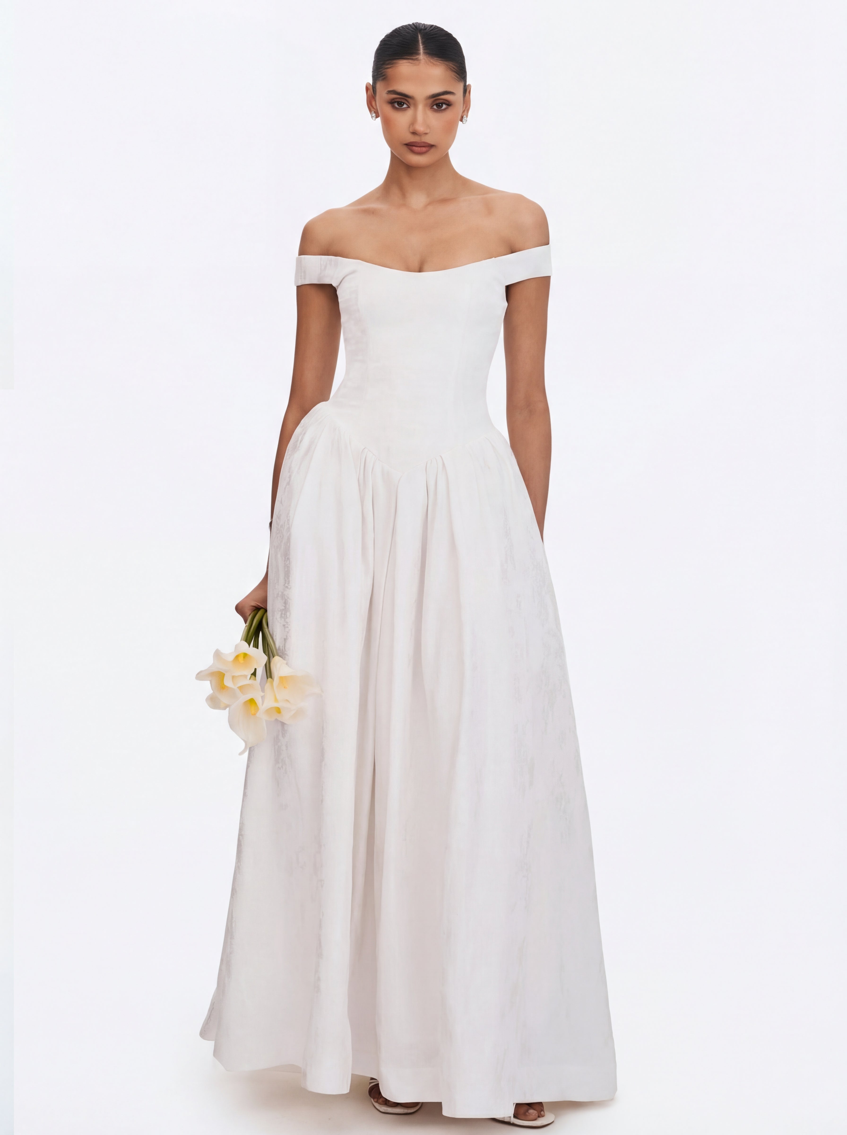 Tinsley White Jacquard Bardot Wedding Gown