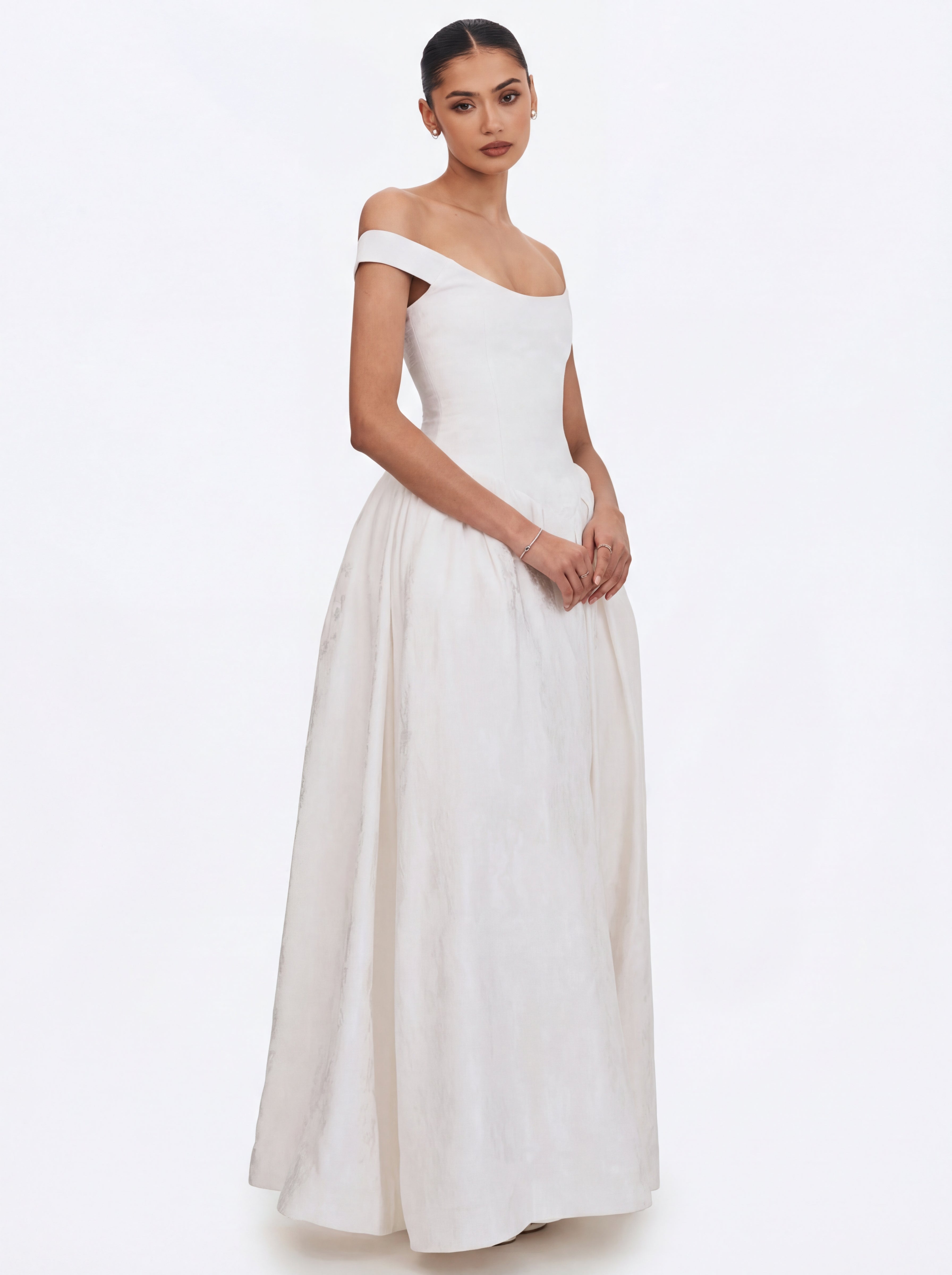 Tinsley White Jacquard Bardot Wedding Gown