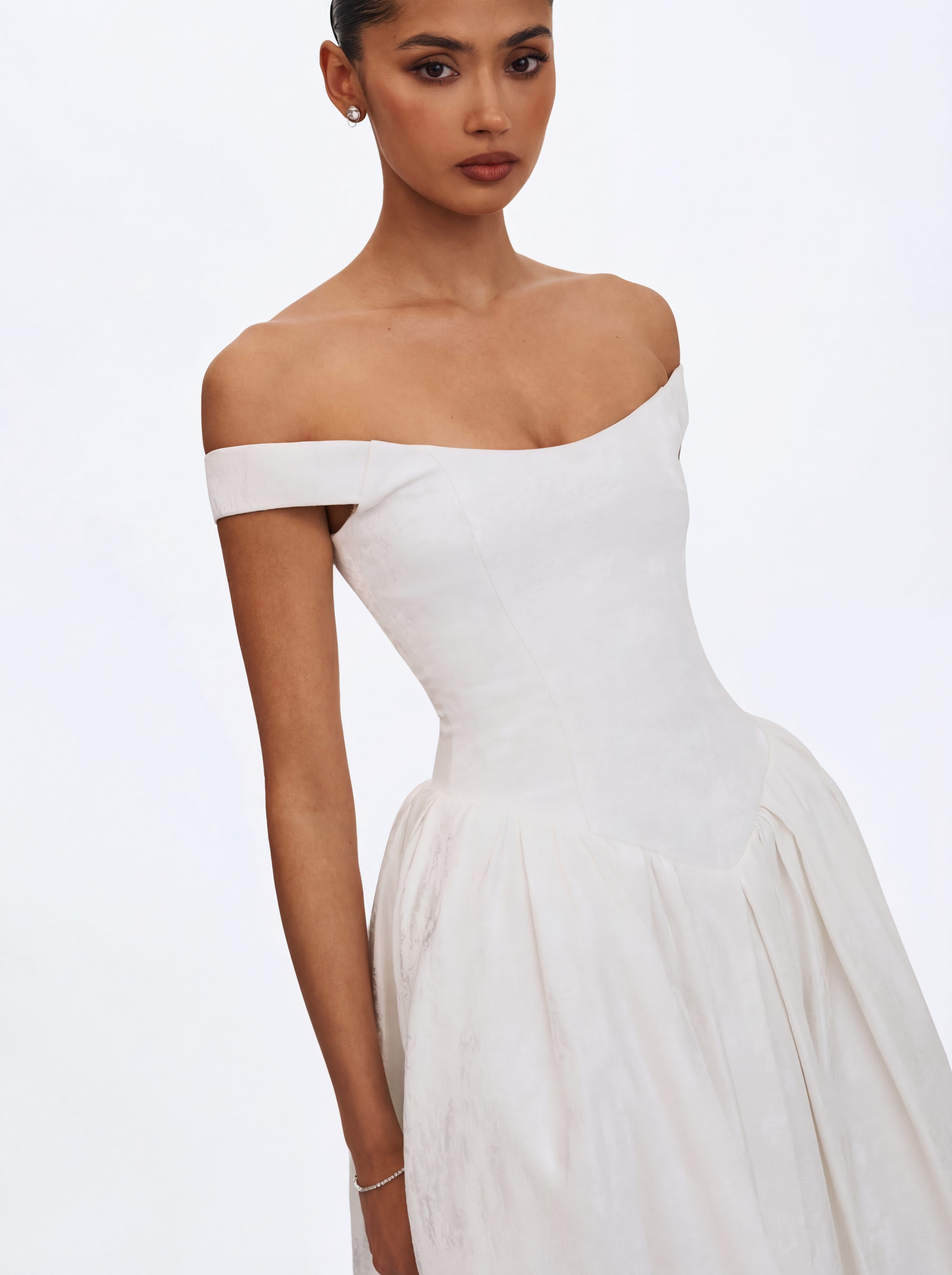 Tinsley White Jacquard Bardot Wedding Gown