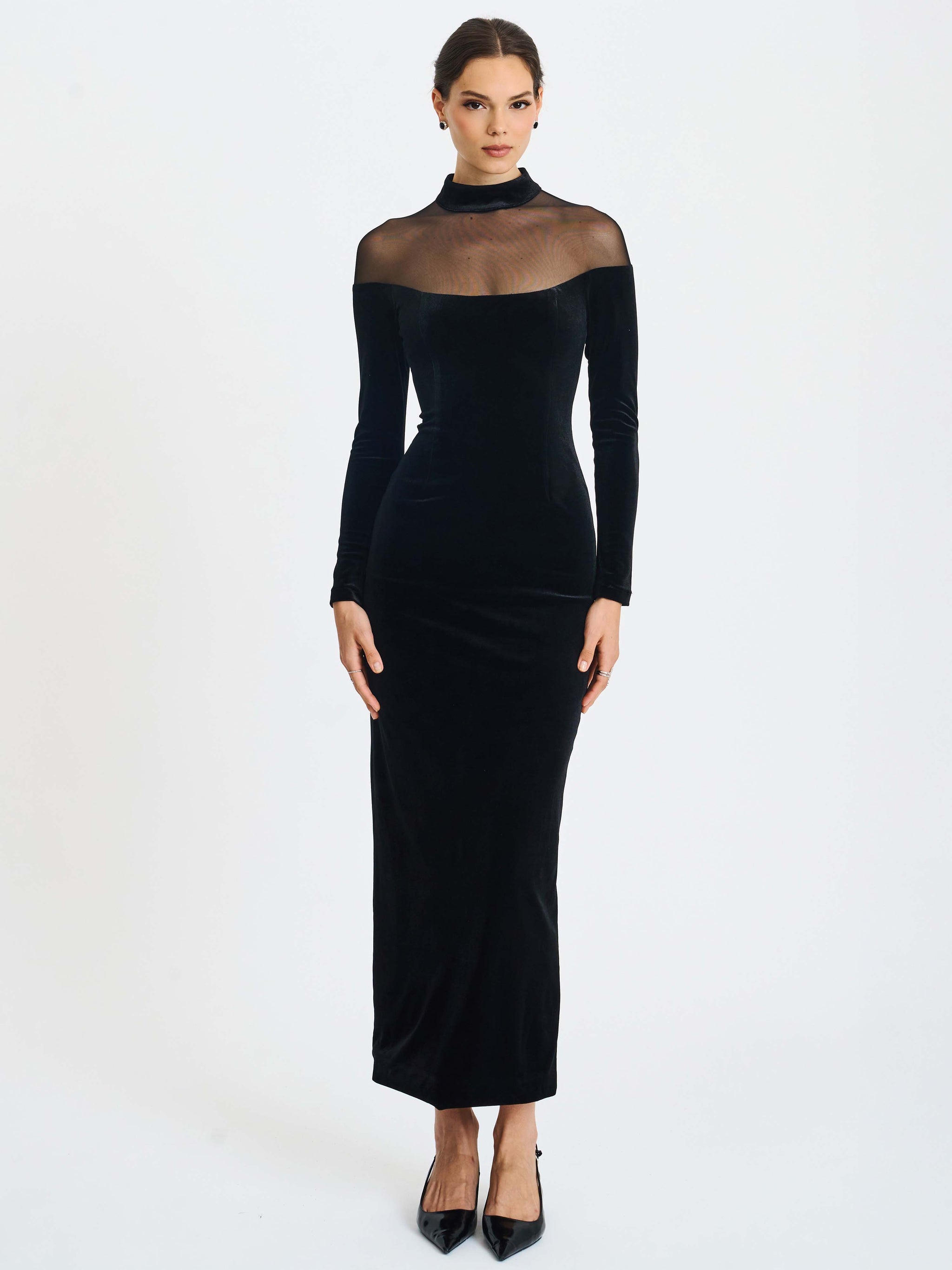 Miss Circle Women Blair Black Sheer Mock Neck Maxi Dress