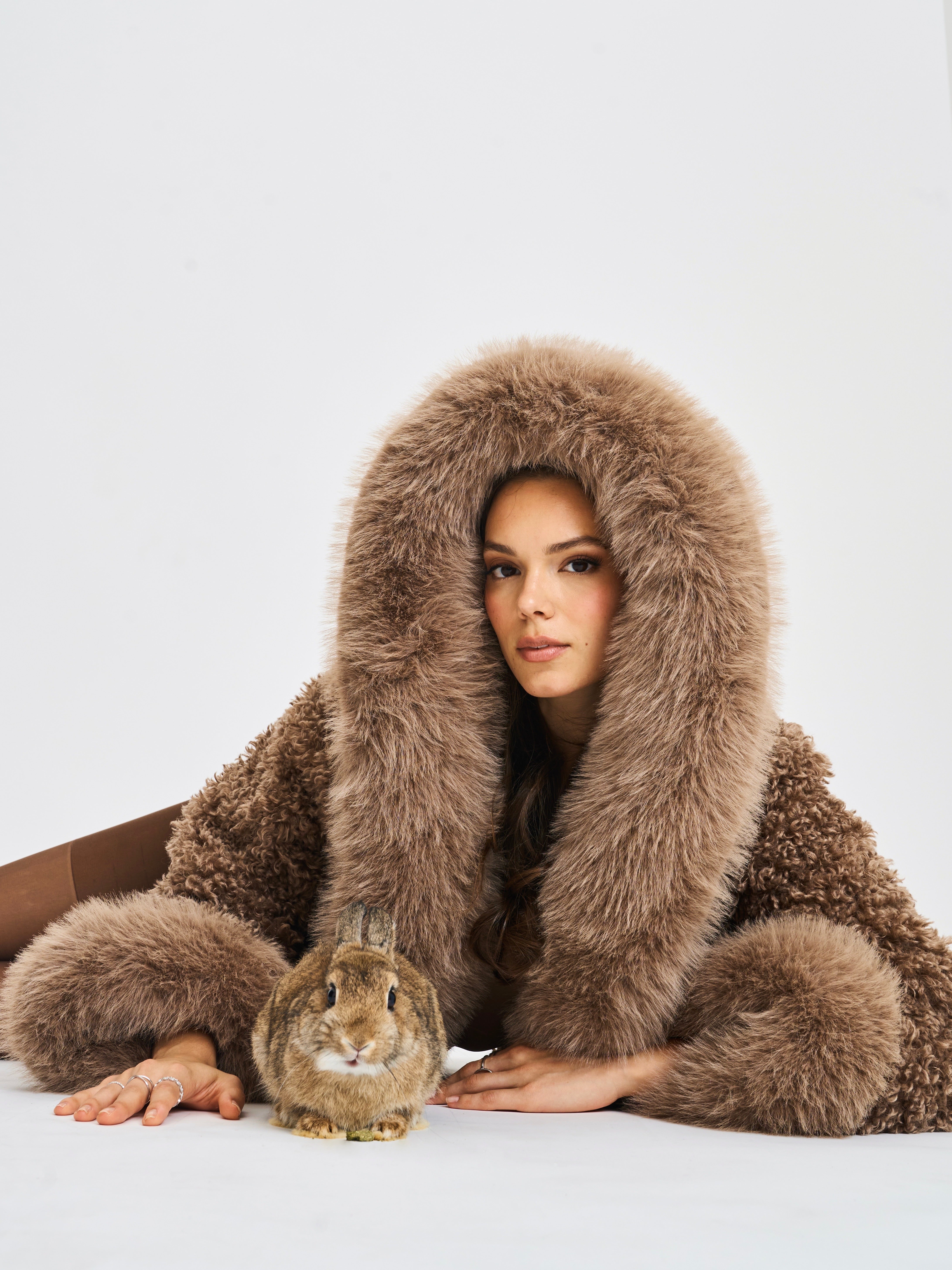 Jumbo Kali Camel Vegan Shearling Fur Trimmed Coat