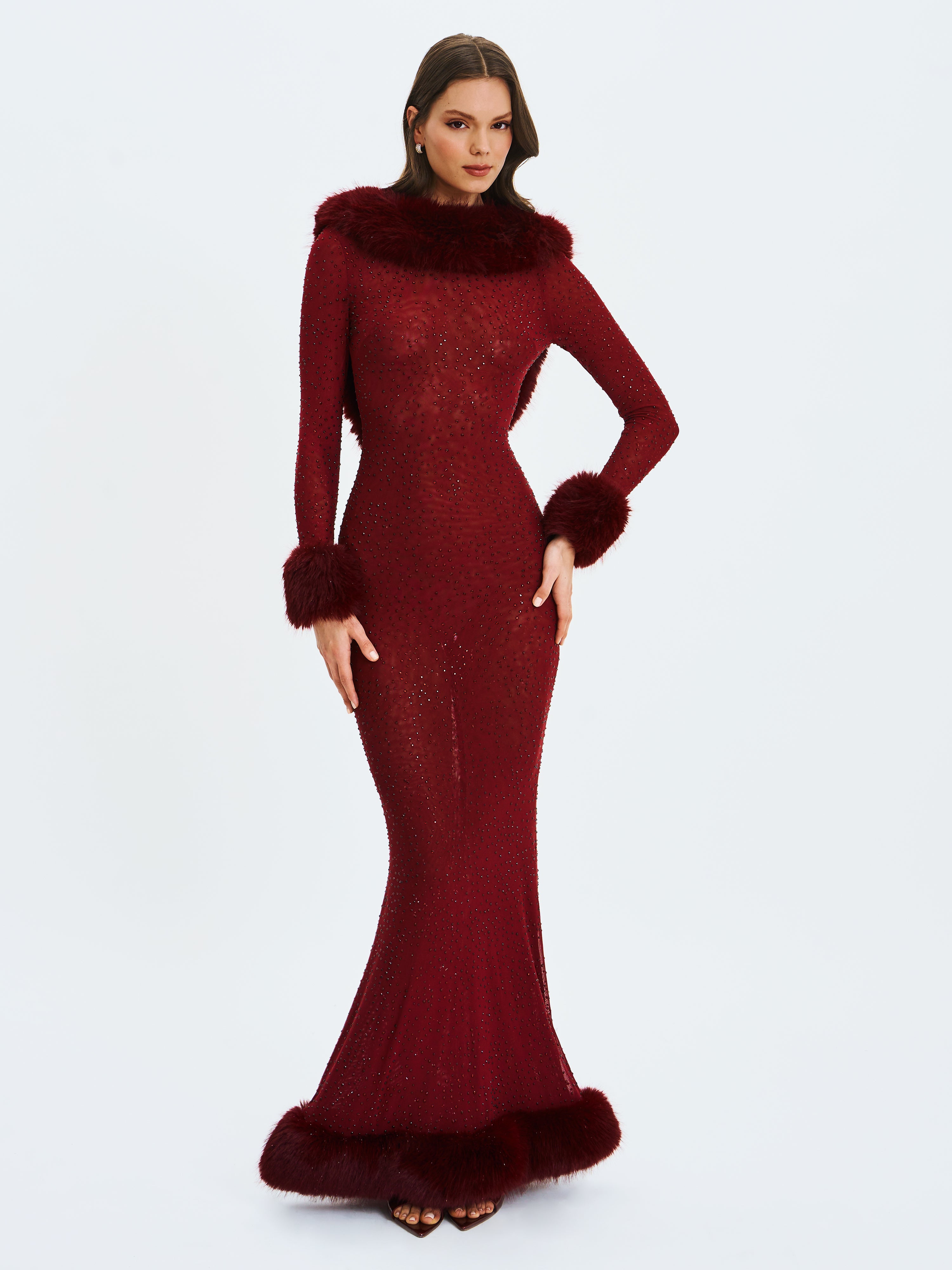 Melrose Burgundy Rhinestone Mesh Low Back Mermaid Dress