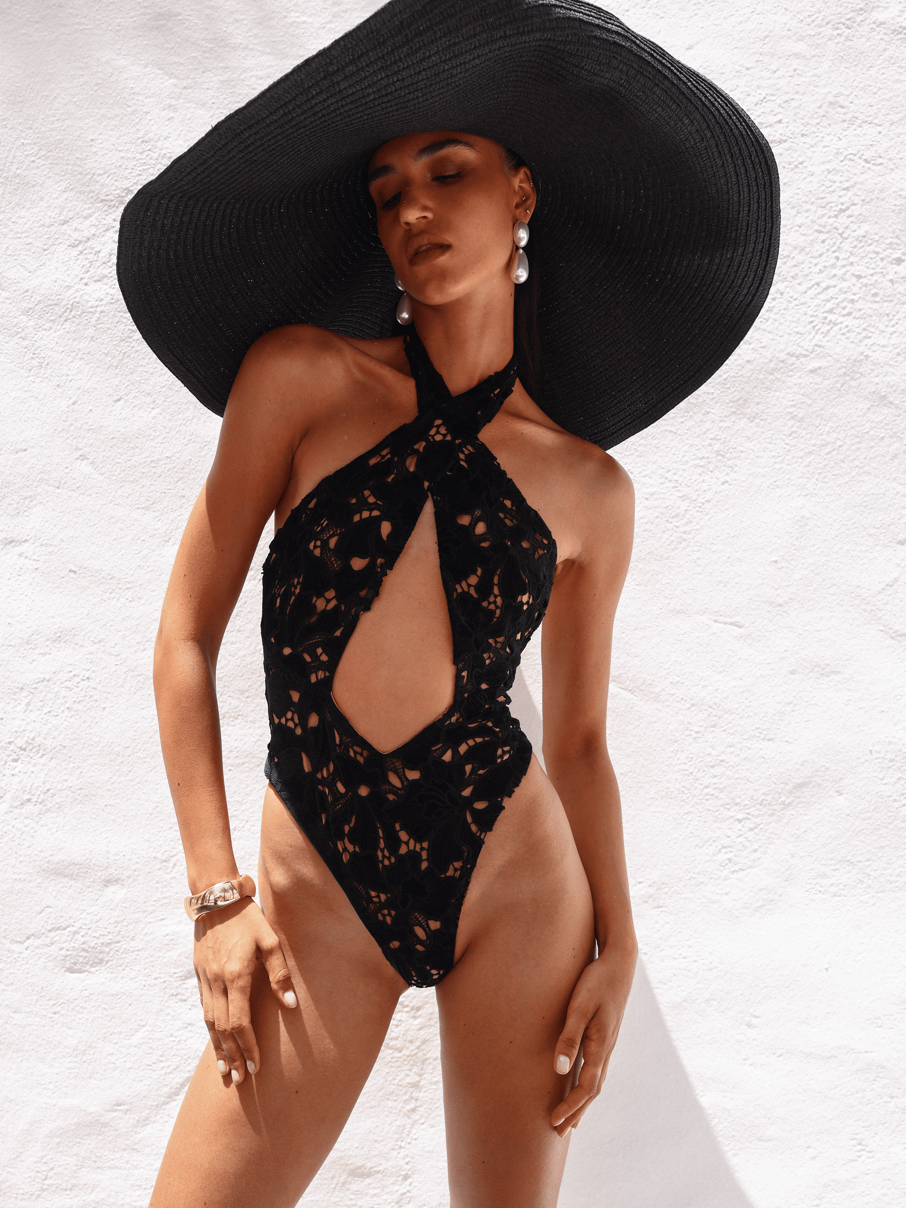 Breanna Black Velvet Lace Crossover Halter Swimsuit