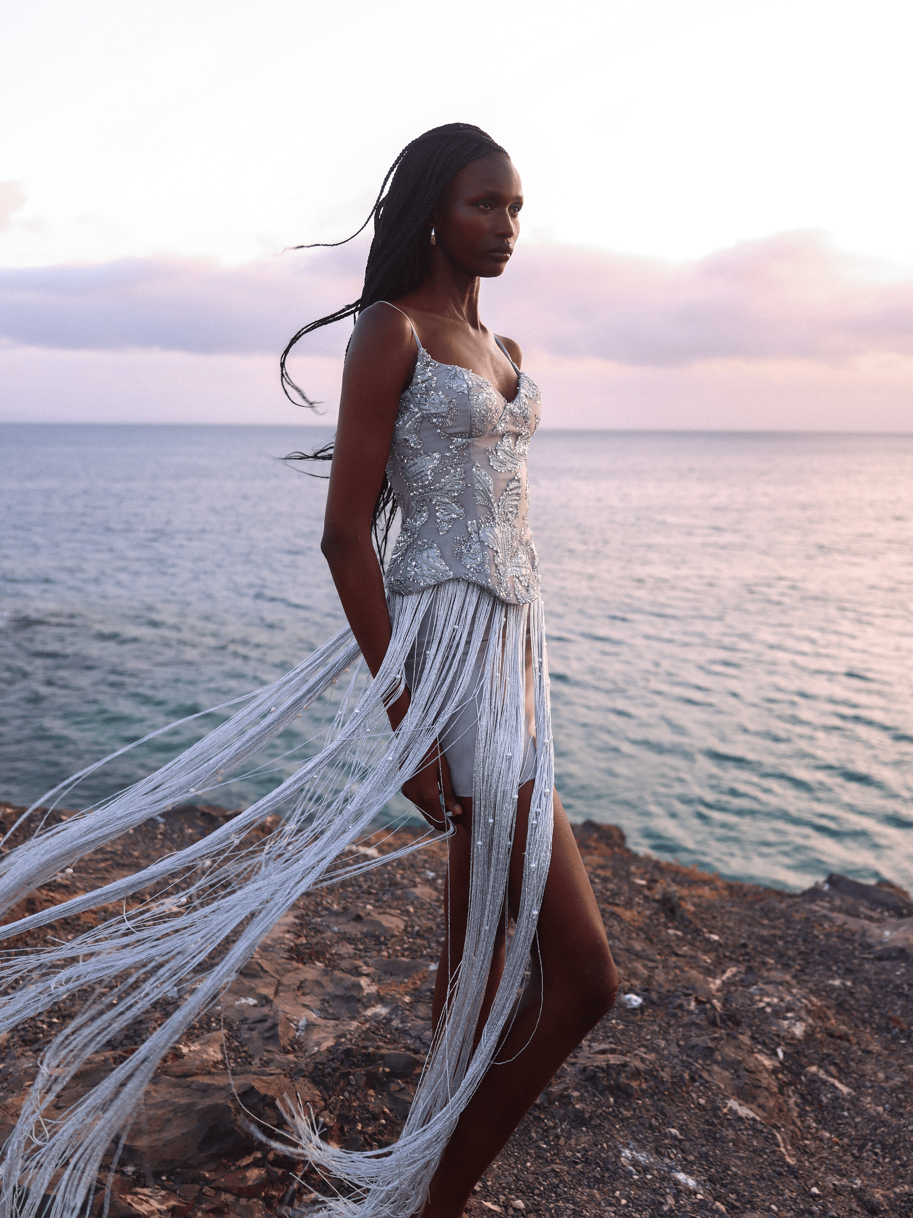 Olisa Silver Beaded Peplum Tassel Maxi Dress