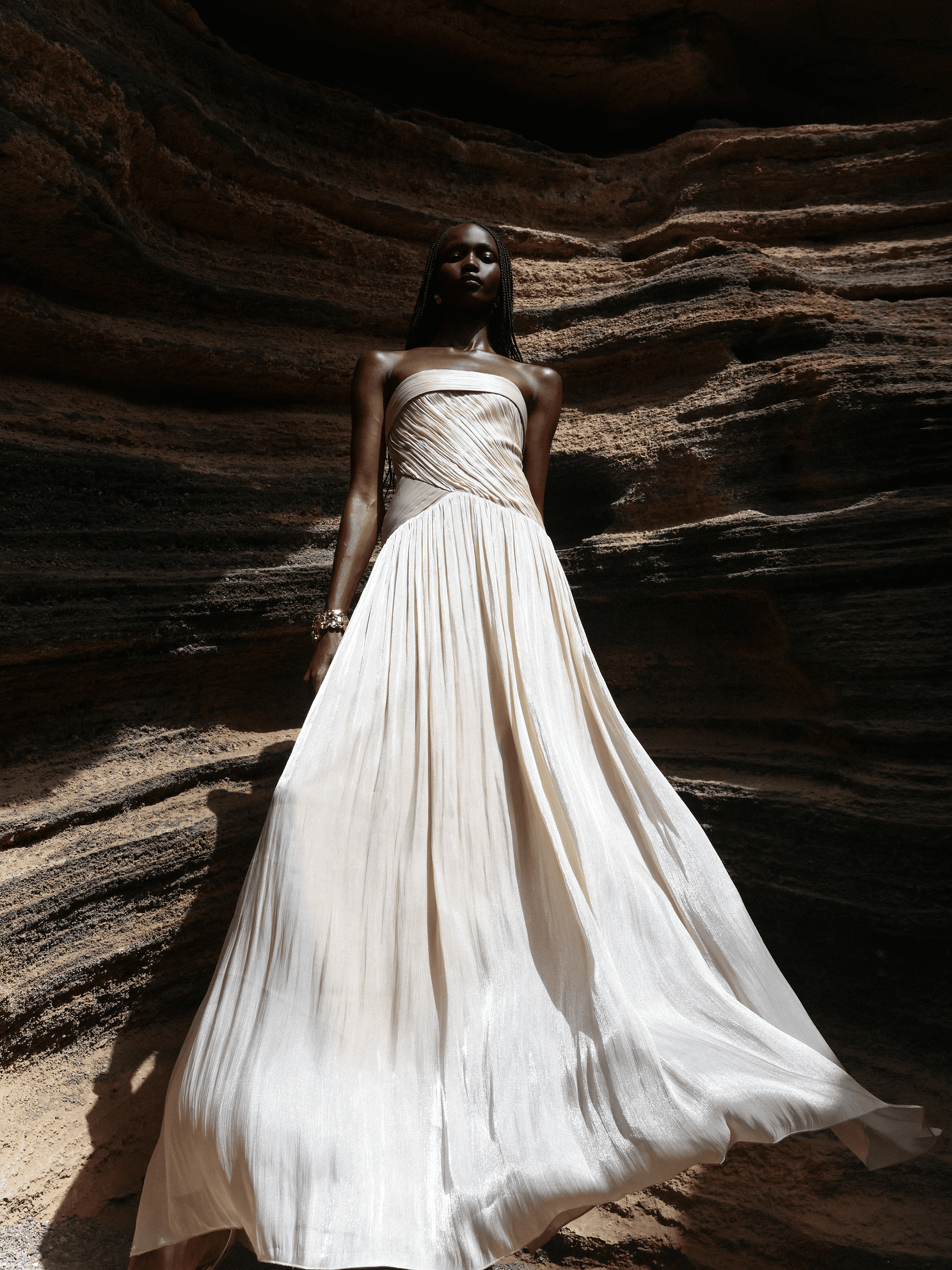 Olivine Light Beige Crystal Organza Strapless Maxi Dress L / 8-10