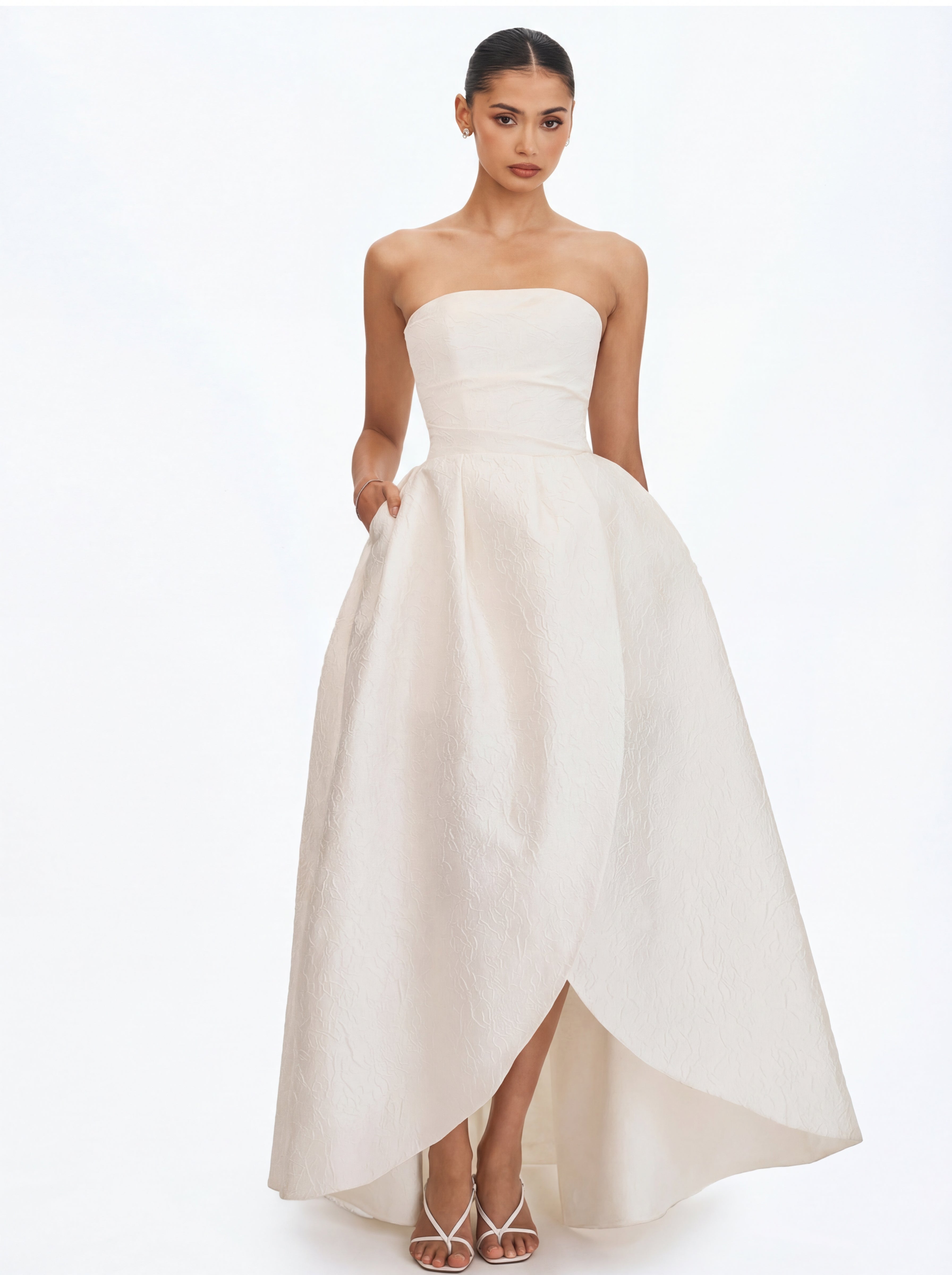 Tomika Ivory Jacquard Dipped Hem Wedding Gown