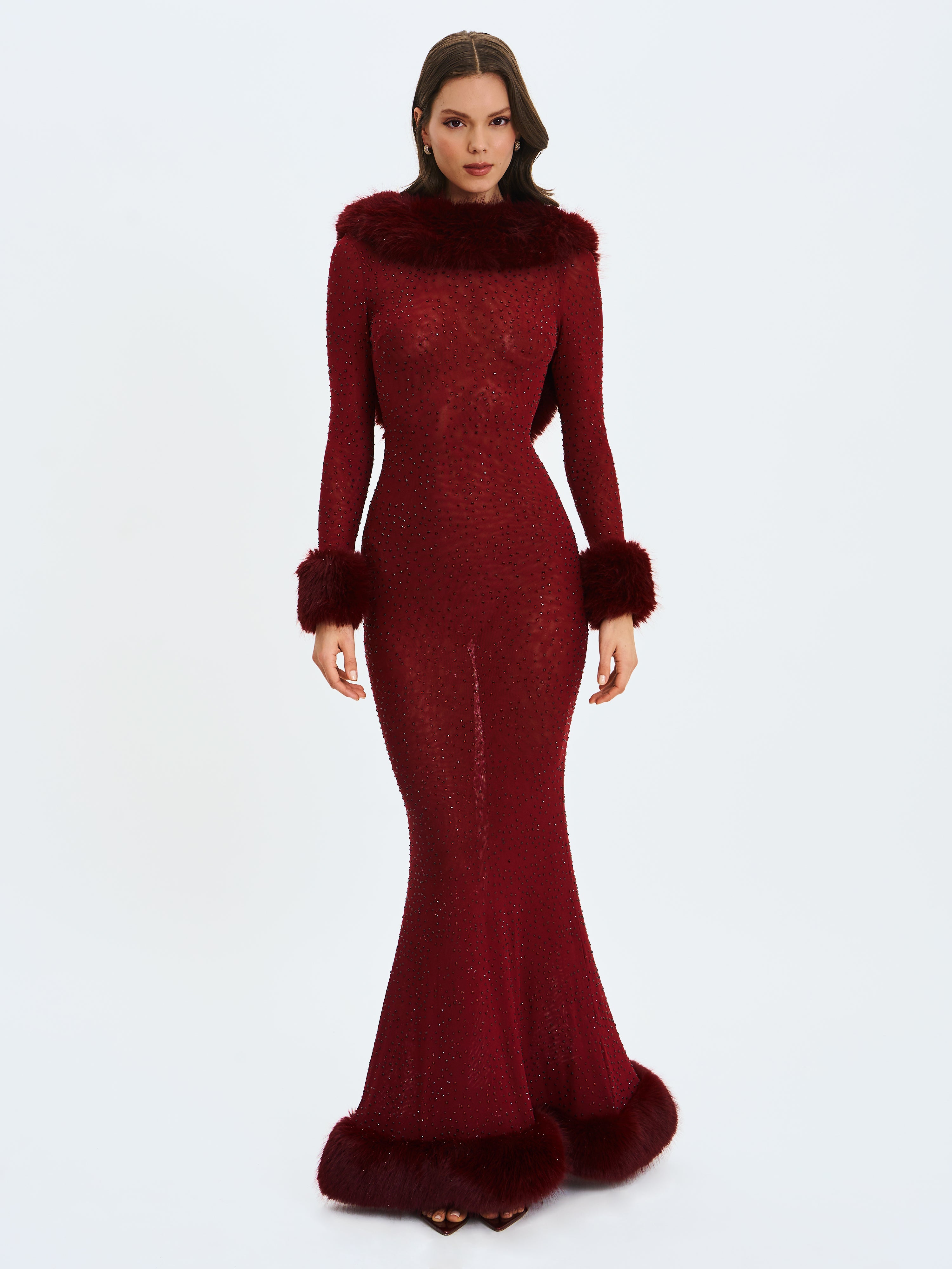 Melrose Burgundy Rhinestone Mesh Low Back Mermaid Dress