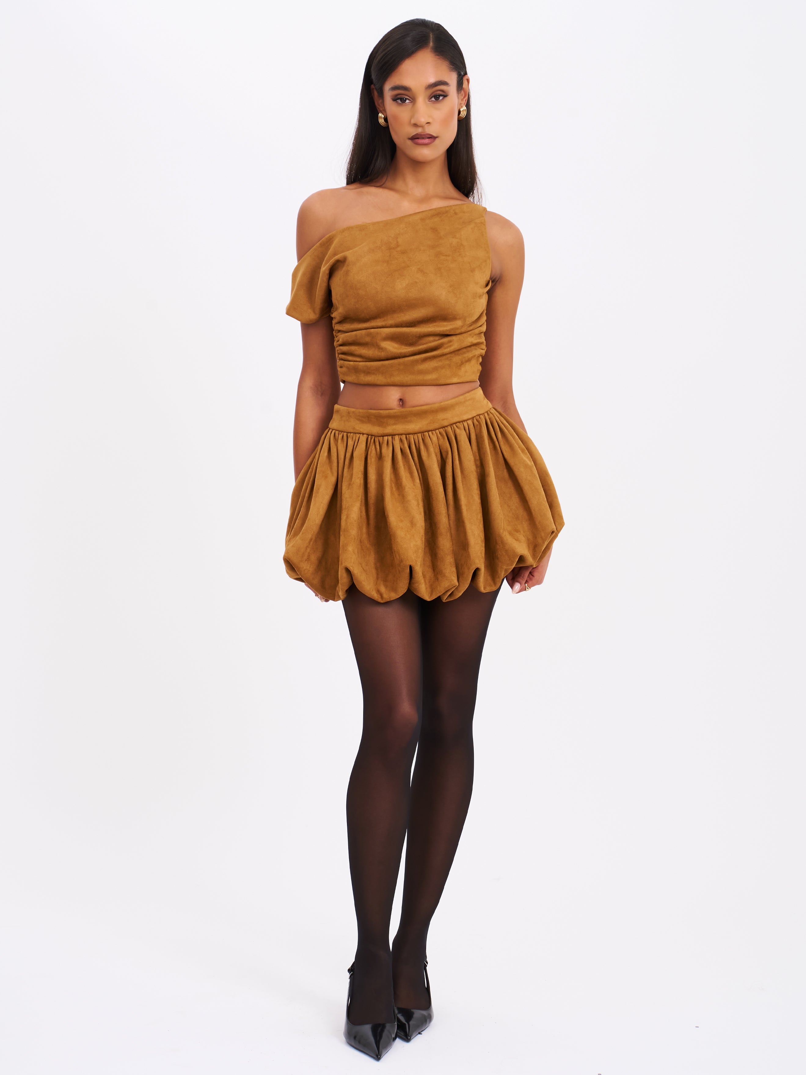 Yuna Brown Suede Bubble Hem Skirt