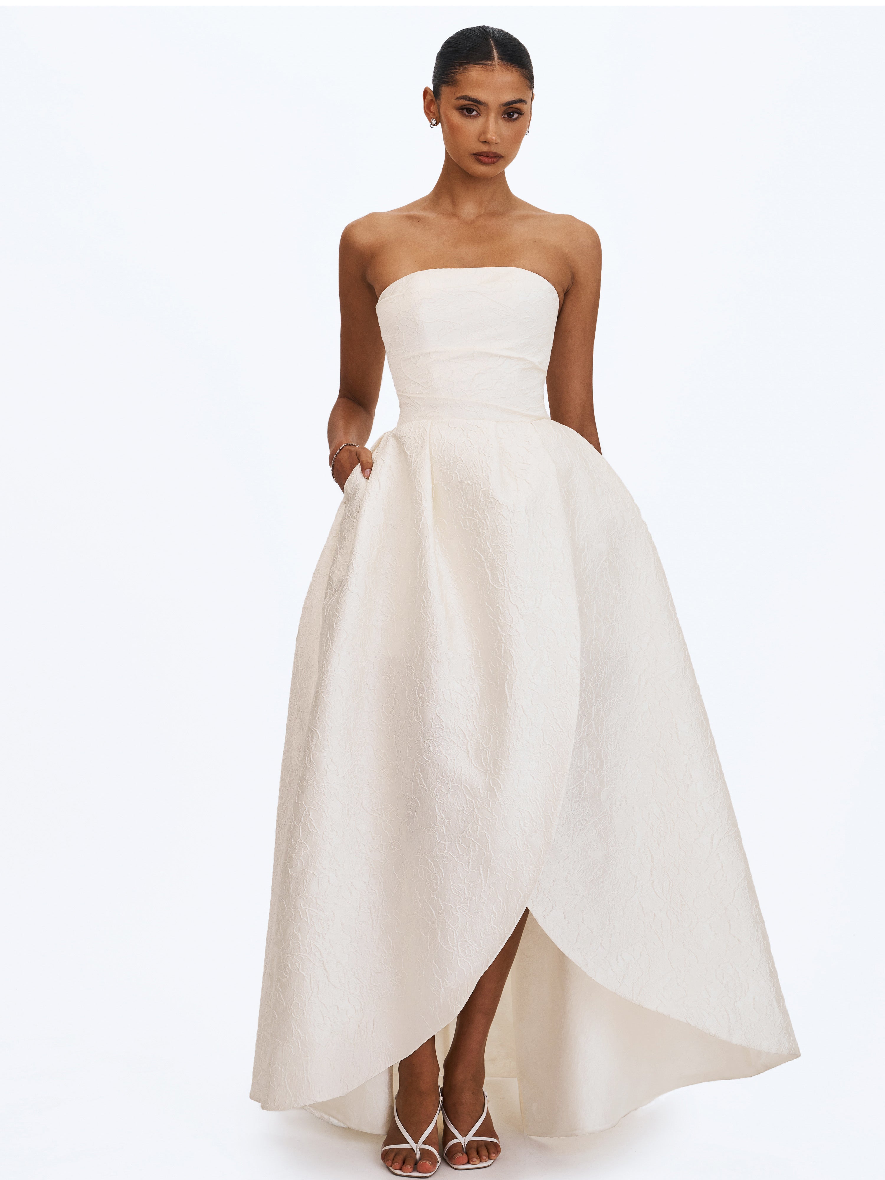 Tomika Ivory Jacquard Dipped Hem Wedding Gown (PREORDER)