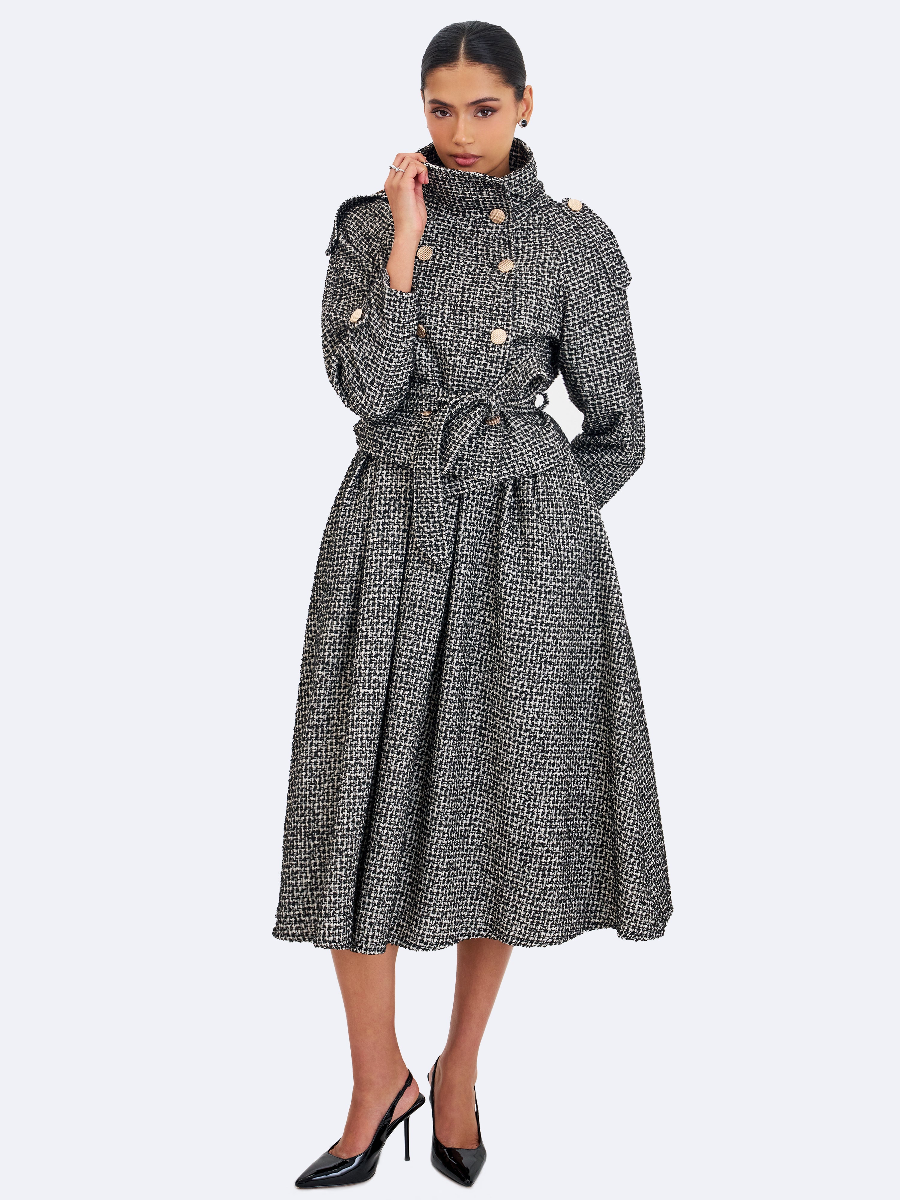 Sadie Black & White Tweed High Collar Belted Mini Jacket