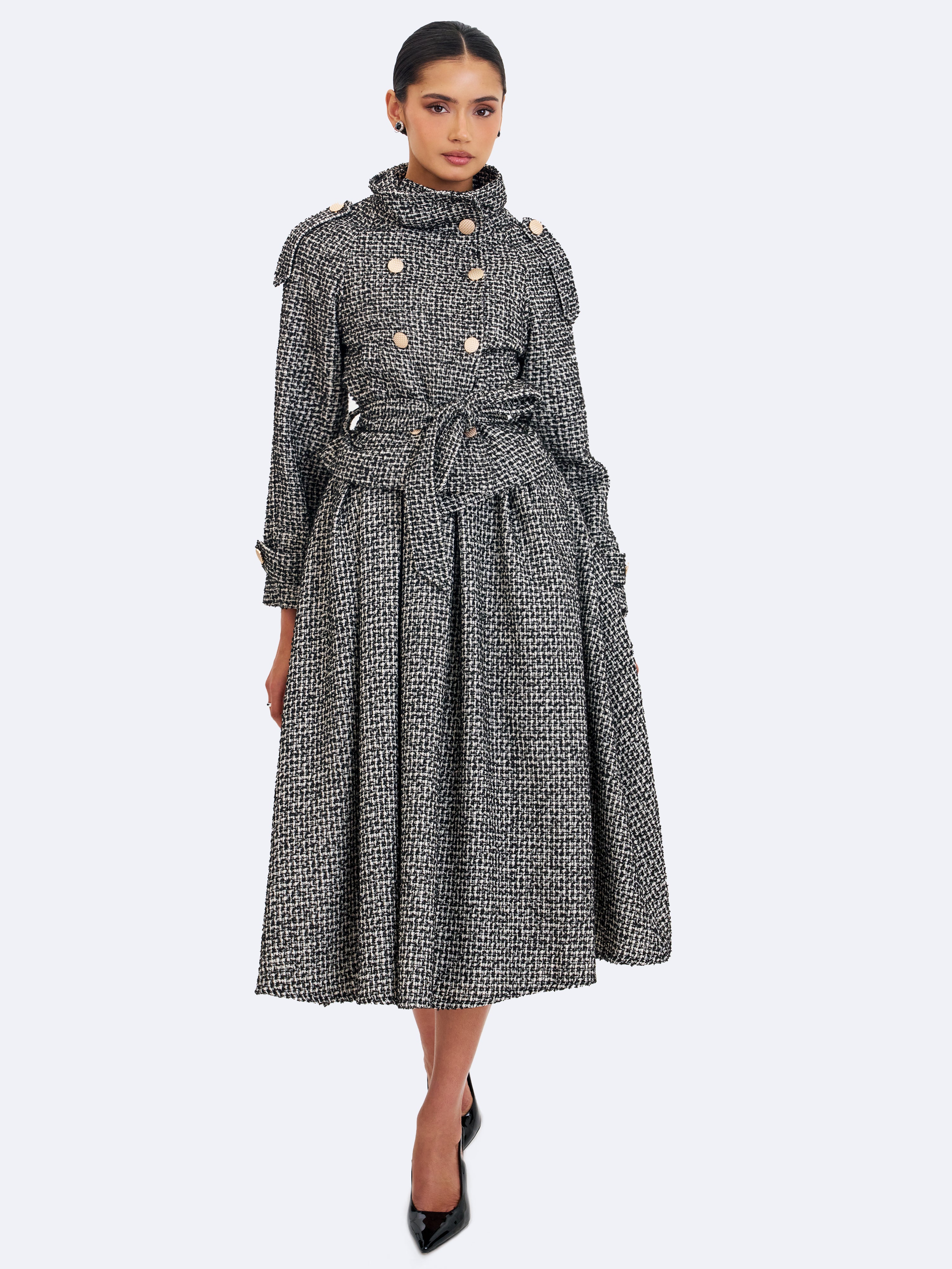 Sadie Black & White Tweed High Collar Belted Mini Jacket