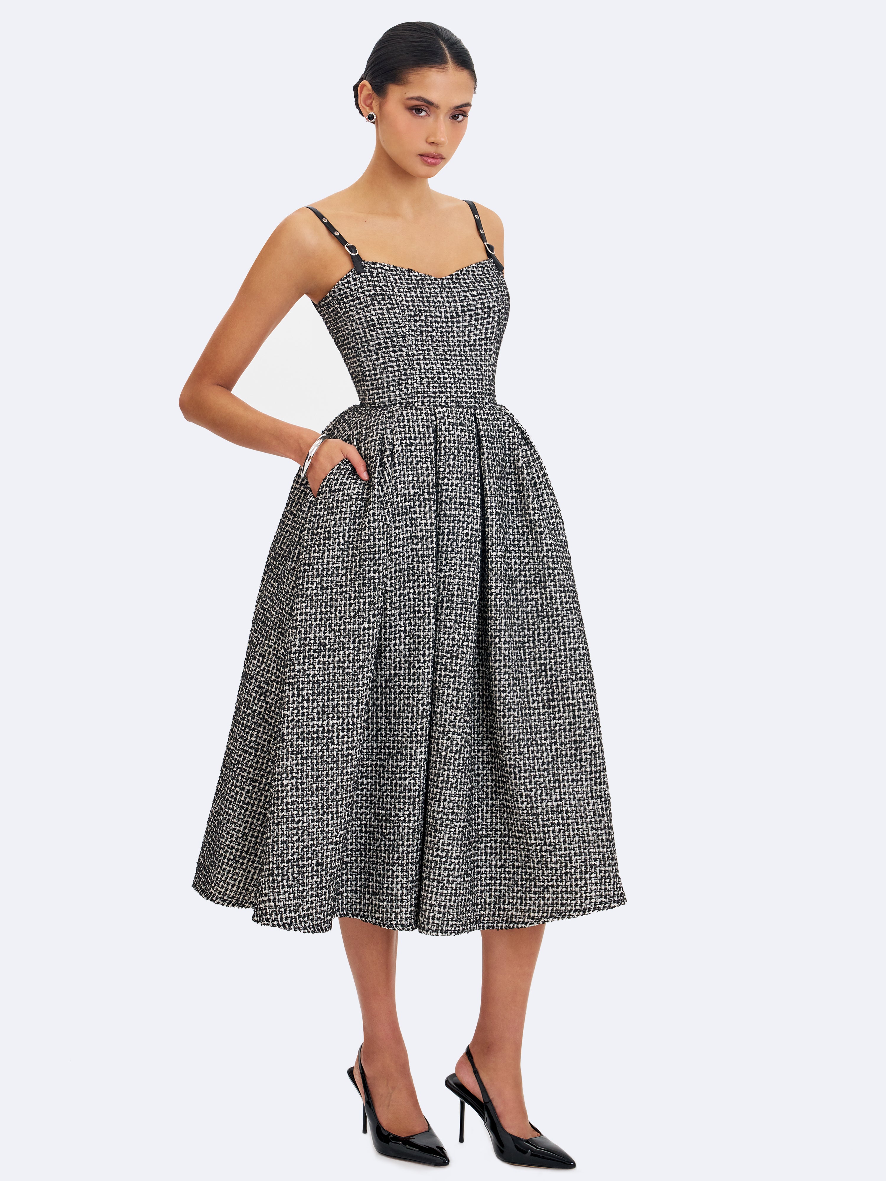 Katalina Black & White Tweed Backless Midi Dress