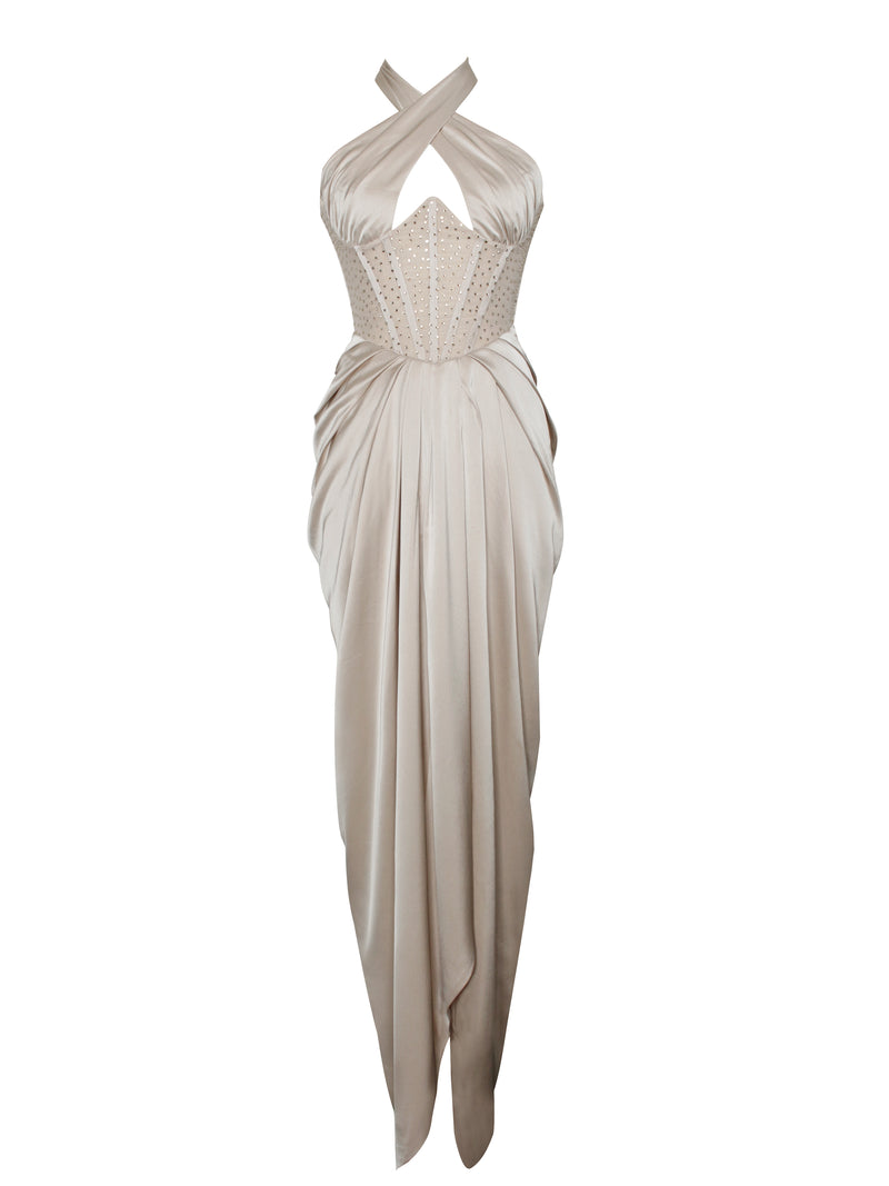 Noemie Champagne Crystal Corset Satin Gown