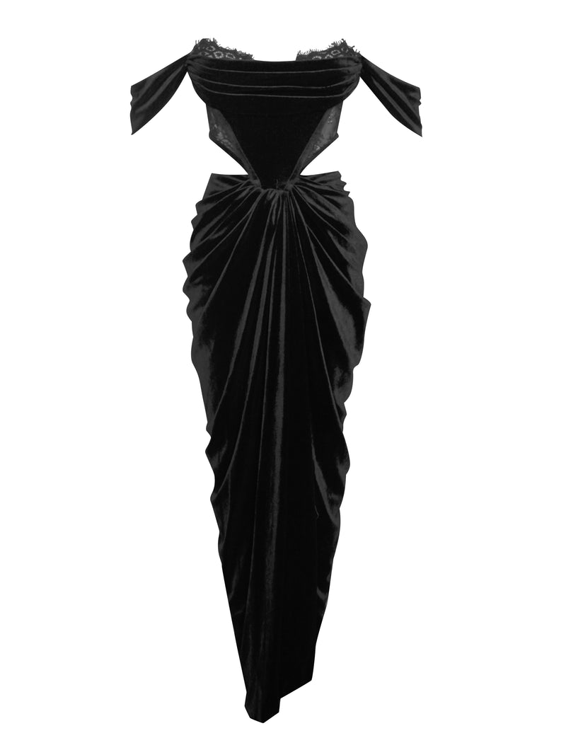 Quintessa Black Lace Velvet Corset Off Shoulder Gown