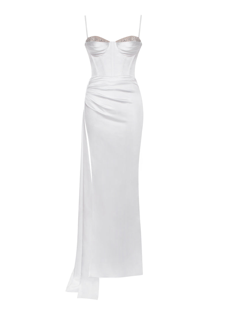 Vanity White Satin High Slit Draping Corset Gown With Crystals