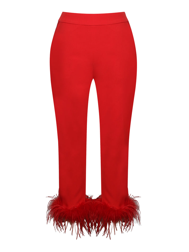 Yanely Red Pants With Feather Trim