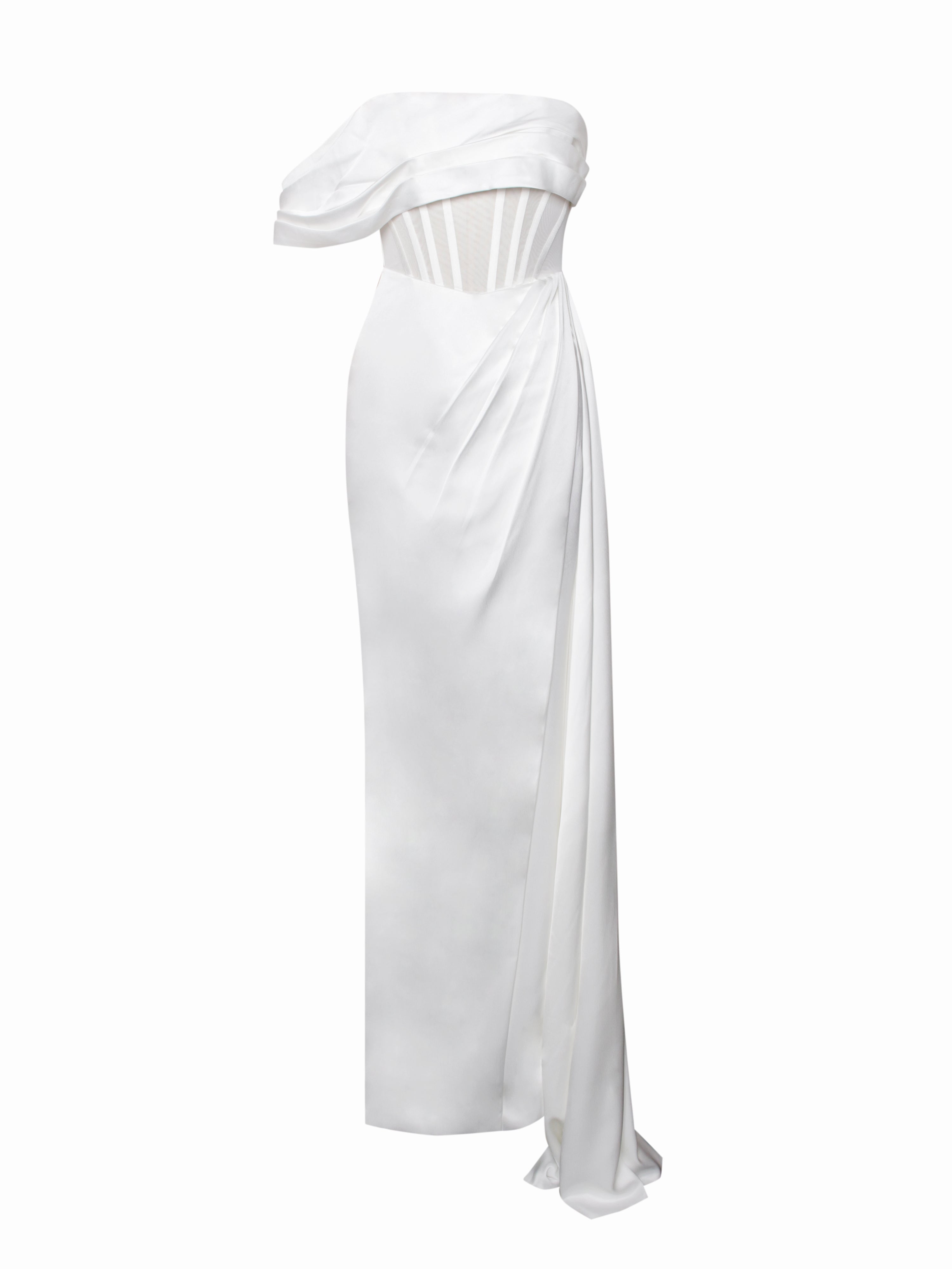 Rebeca White Satin High Slit Corset Gown (Archive Sale)