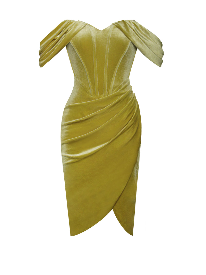 Omaria Gold Velvet Off Shoulder Corset Dress