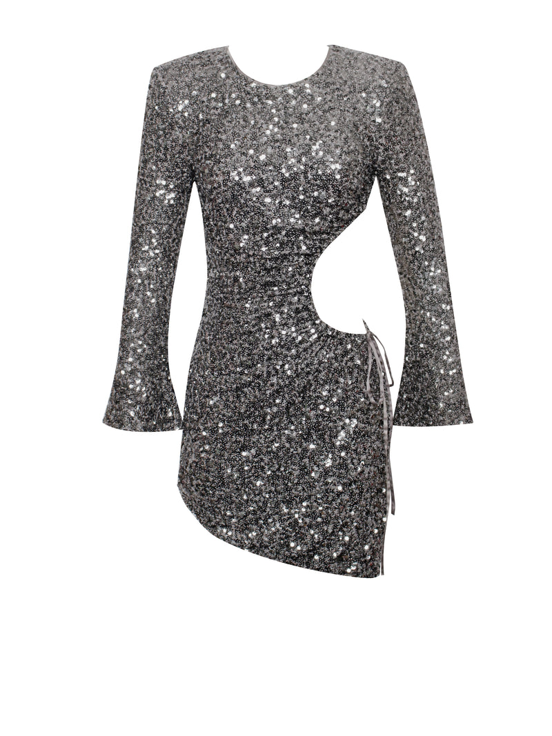 Myla Grey Sequin Long Sleeve Cutout Slit Dress
