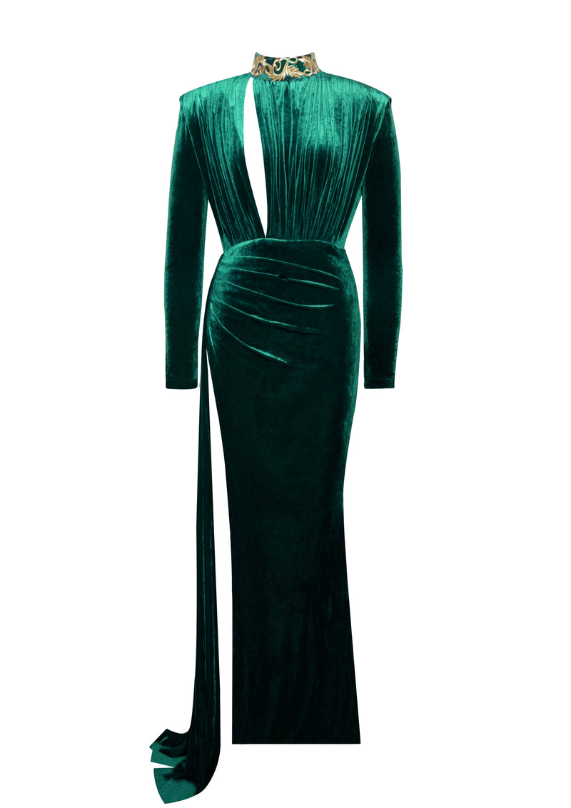 Zenaida Emerald Green Cutout High Slit Velvet Gown