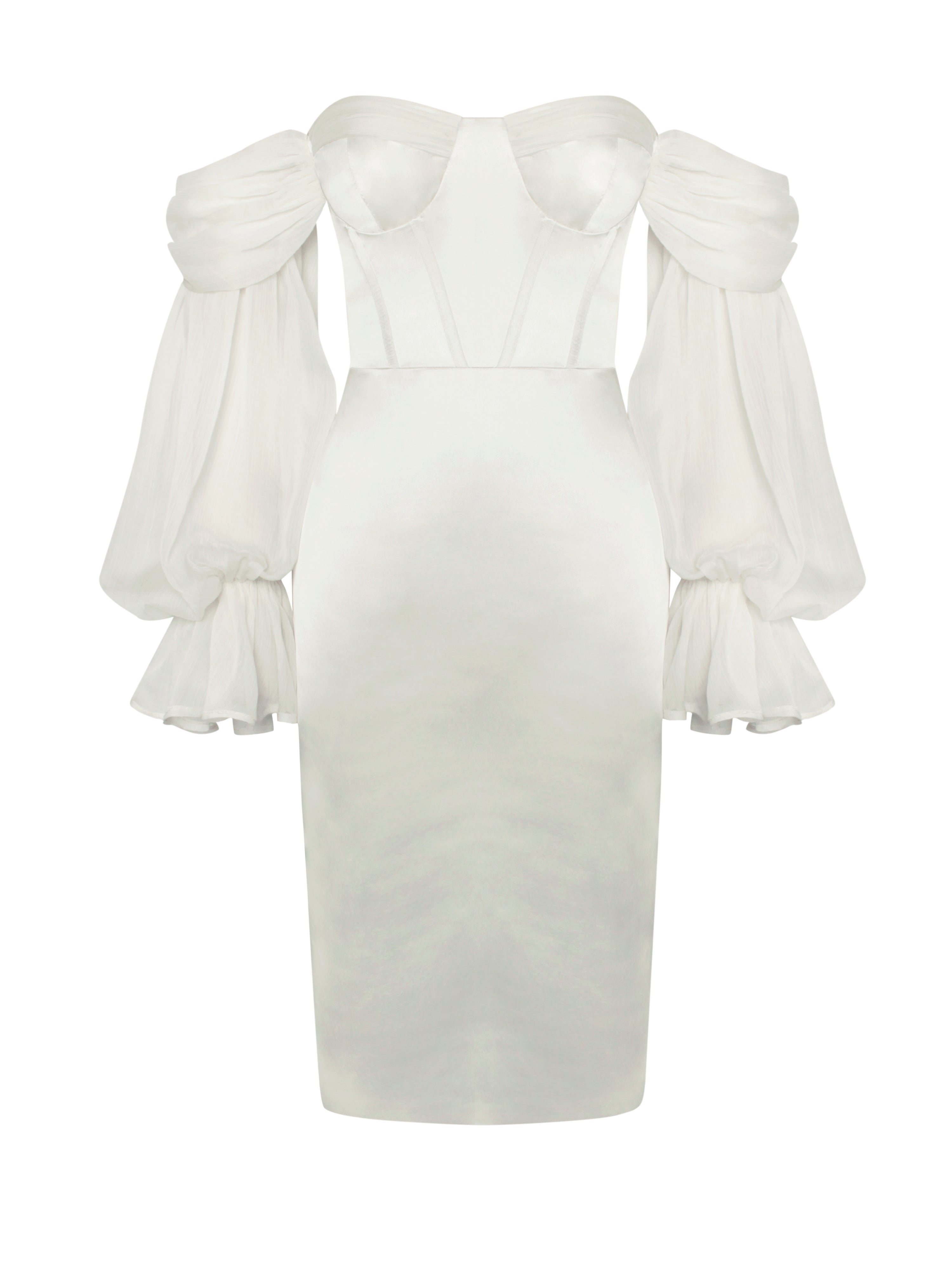 Lydia Pearl White Satin Off Shoulder Puff Sleeve Dress (Archive Sale)