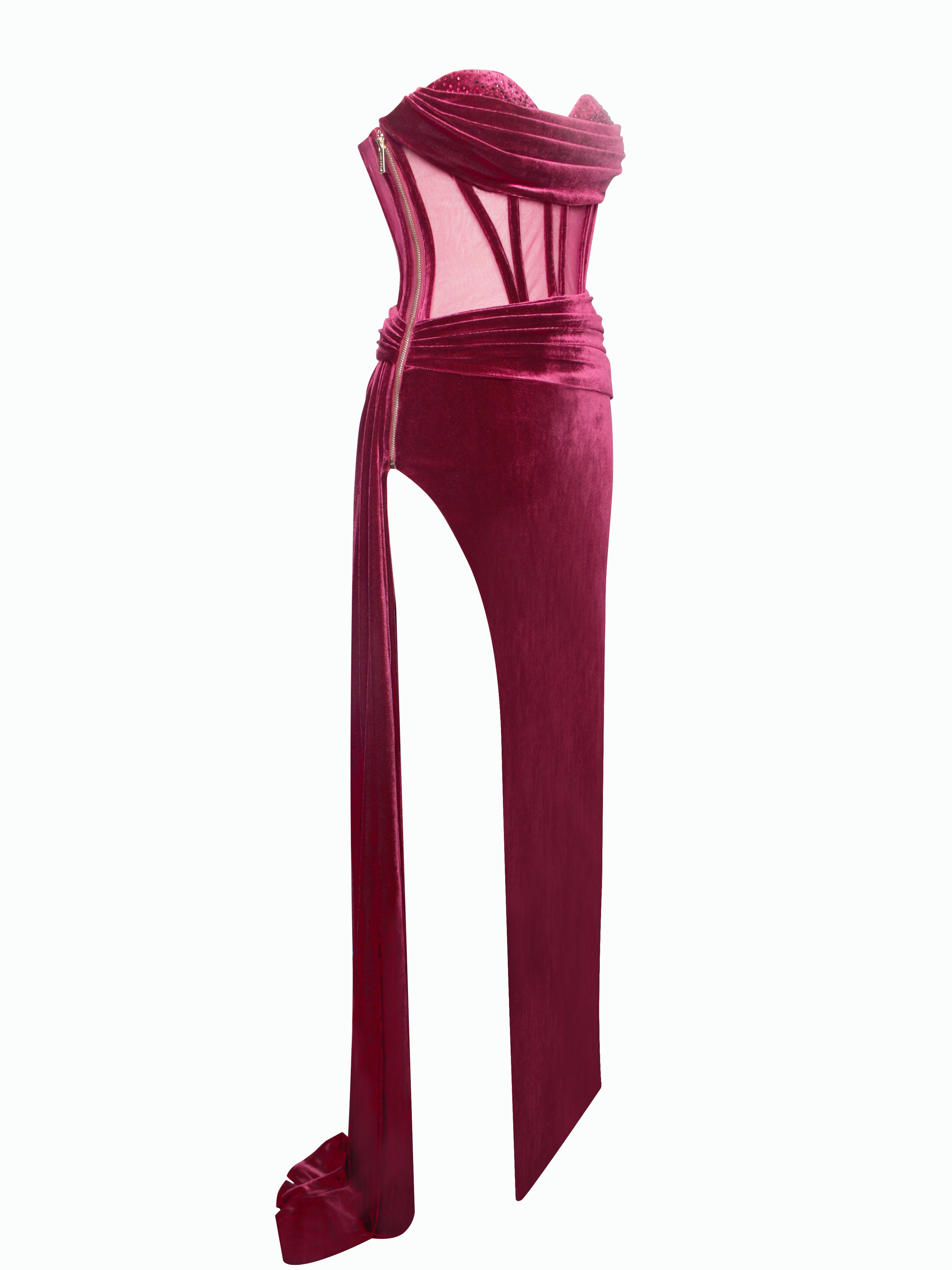 Octavia Burgundy Draping Crystal Corset High Slit Velvet Gown (Archive Sale)