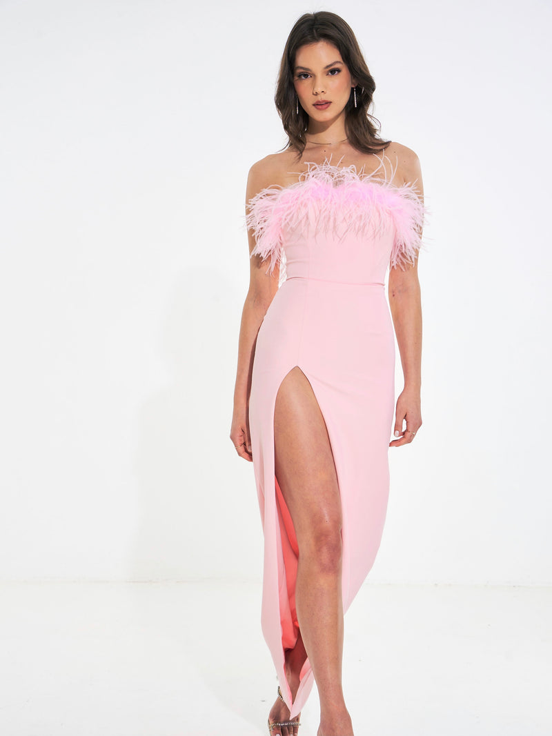 Rachel Pink Feather Maxi High Slit Dress