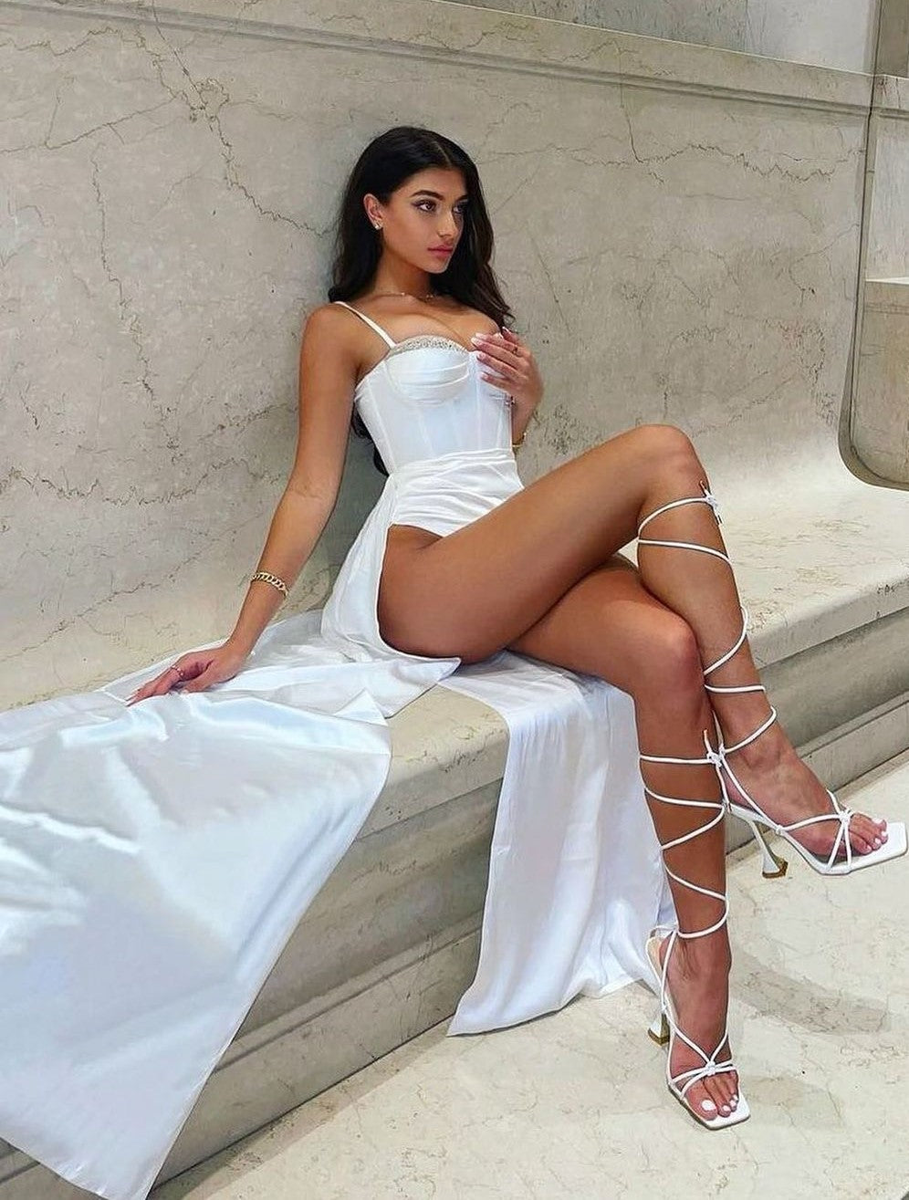Vanity White Satin High Slit Draping Corset Gown With Crystals (Archive Sale) Vanity White Satin High Slit Draping Corset Gown With Crystals (Archive Sale)