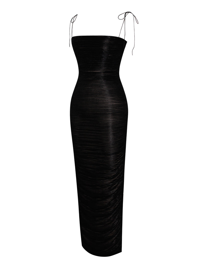 The Glint Black Ruched Chiffon Long Maxi Dress