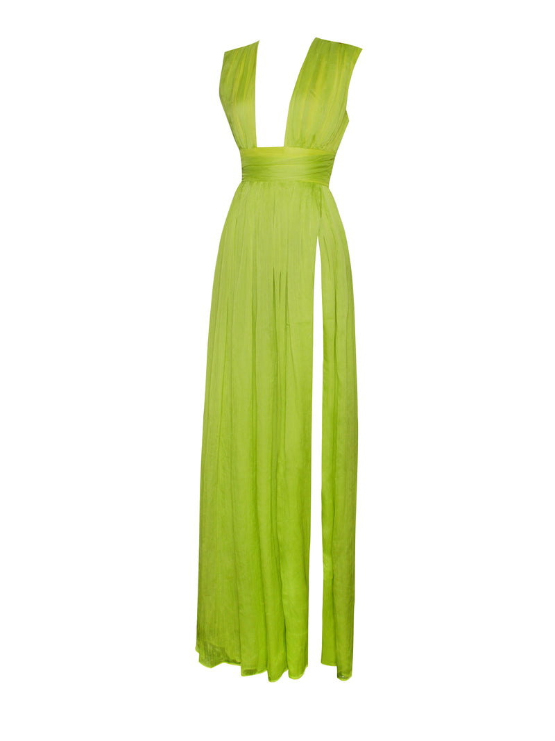 Valley Of Angels Lime Chiffon Pleated High Slit Maxi Dress
