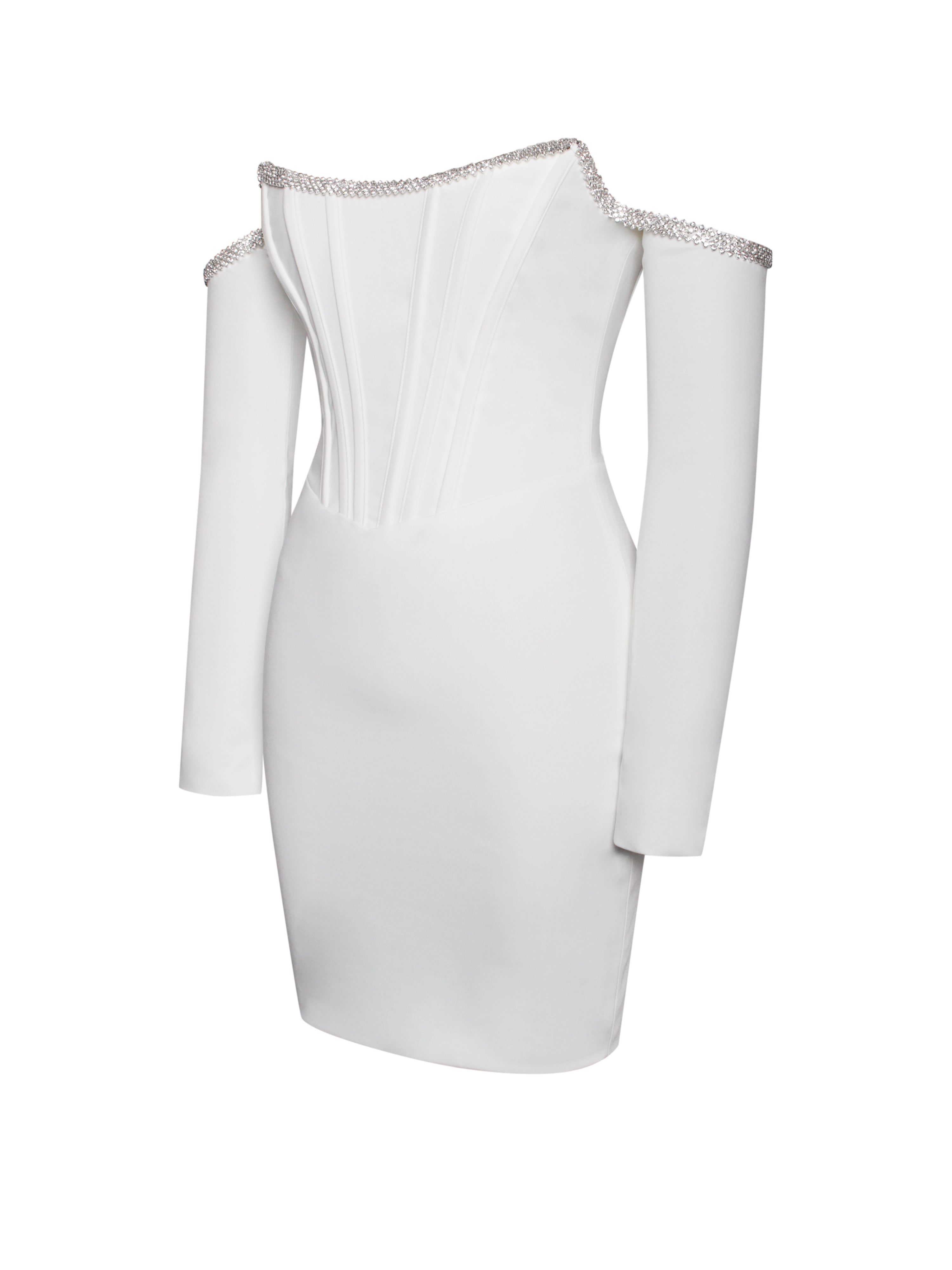 Annika White Off Shoulder Long Sleeve Corset Dress With Crystal Trim (Archive Sale)
