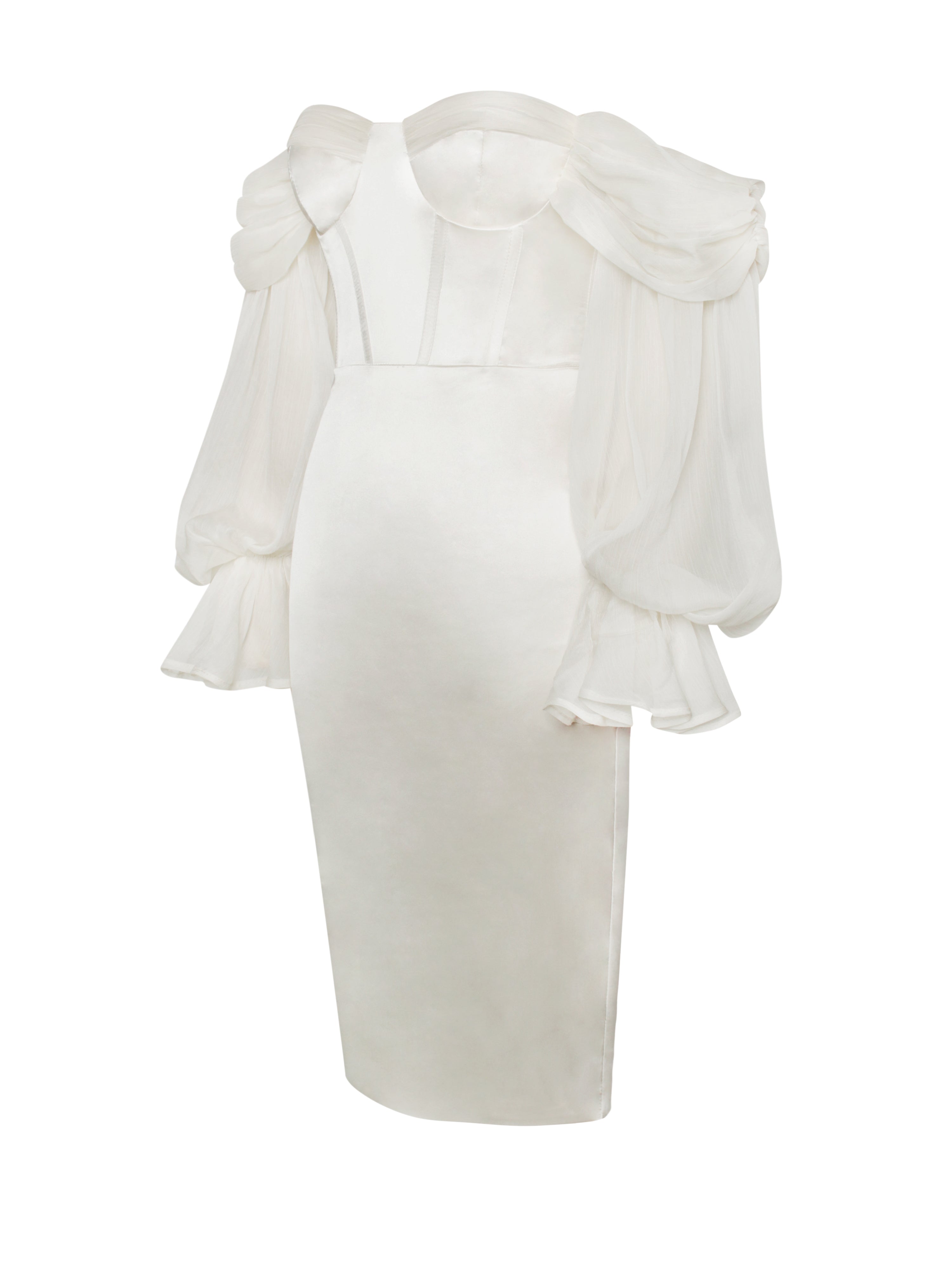 Lydia Pearl White Satin Off Shoulder Puff Sleeve Dress (Archive Sale)