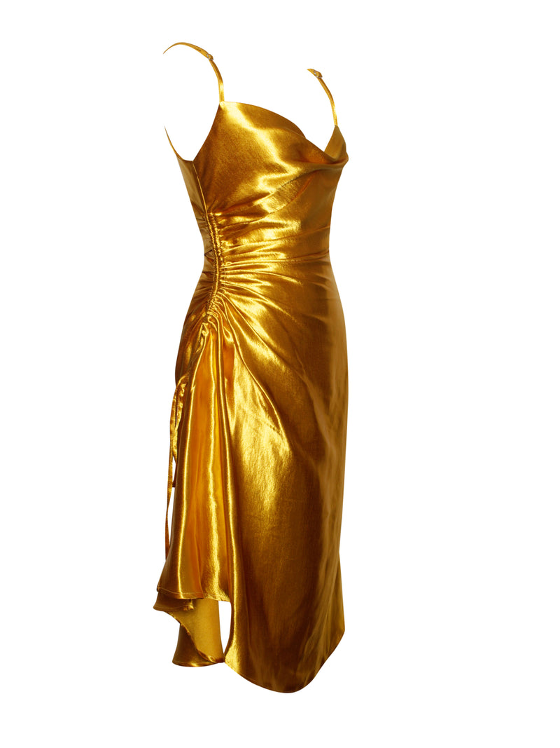 Montego Gold Satin Side Slit Dress