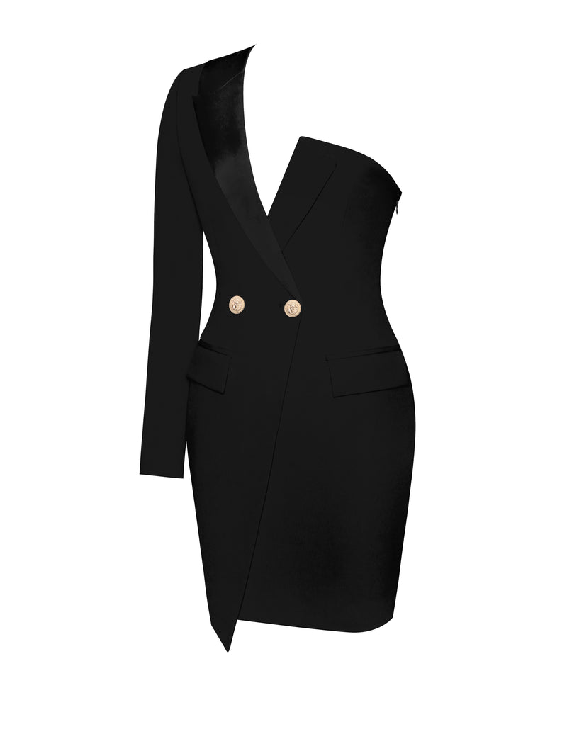 Keep One Up One Sleeved Black Crepe Tuxedo Blazer Dress - Miss Circle