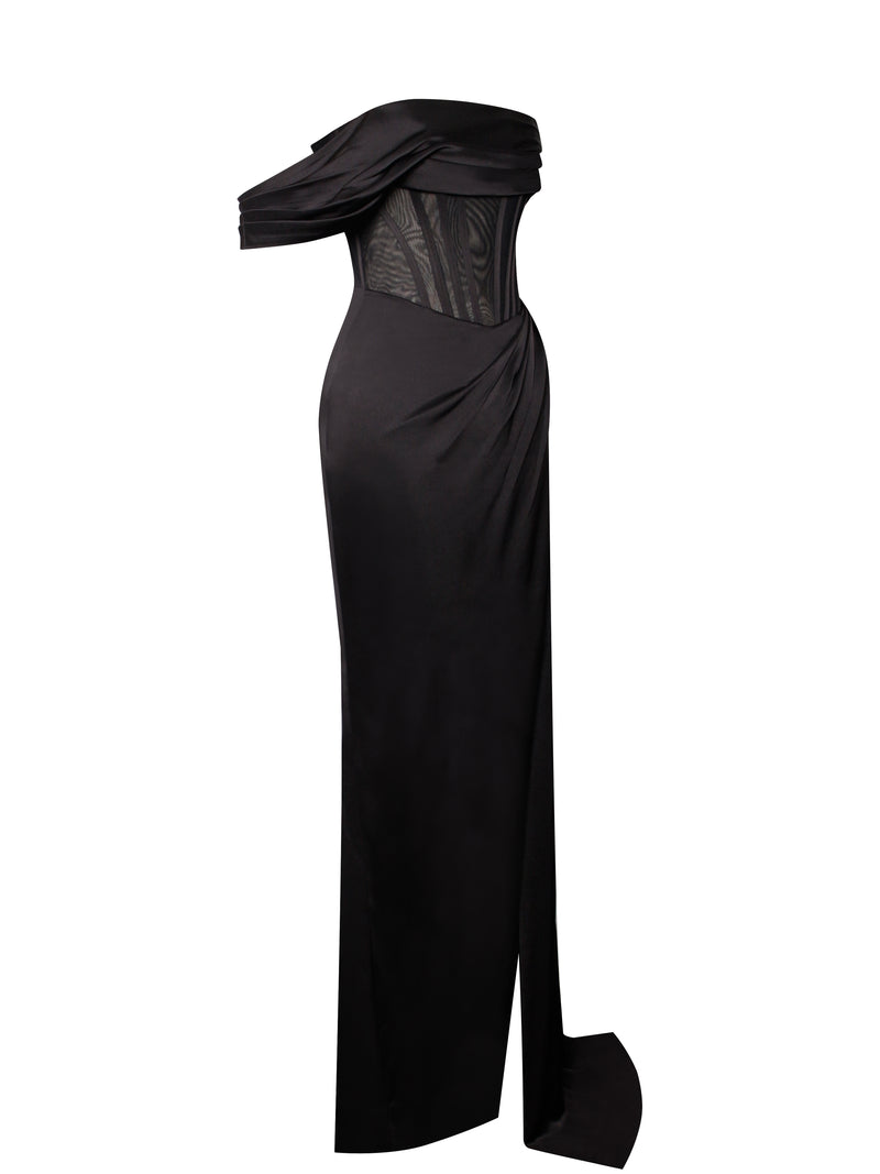Rebeca Black Satin High Slit Corset Gown