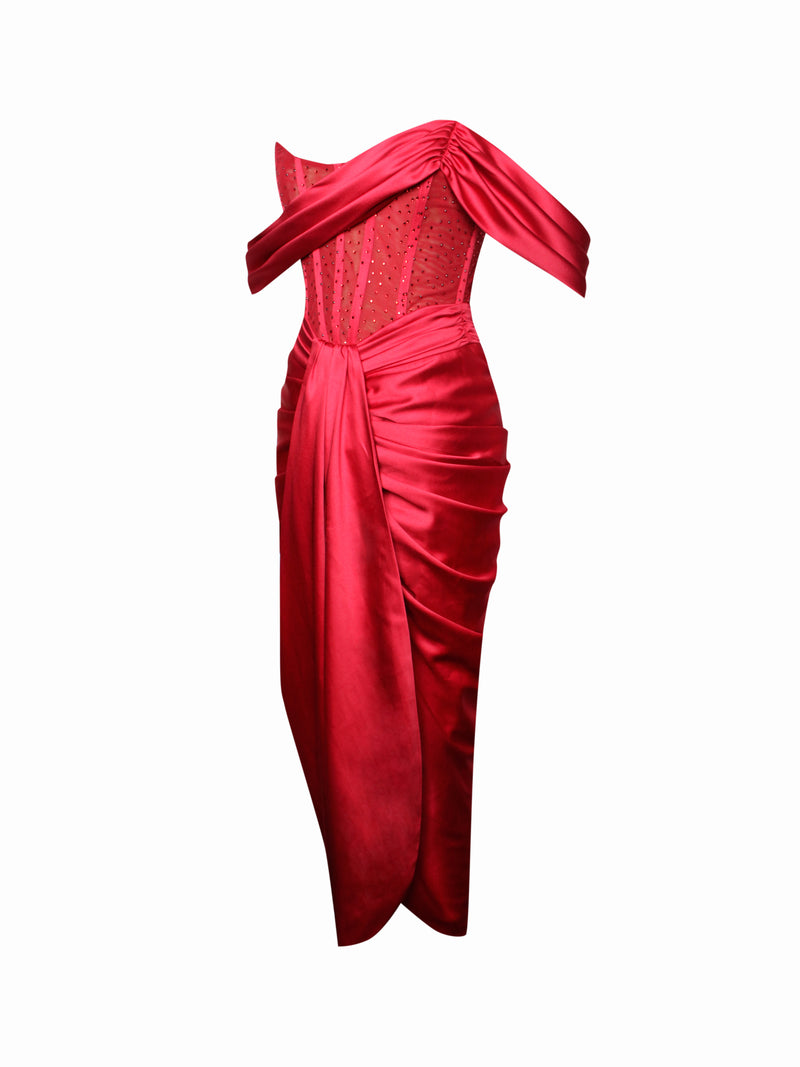 Stella Burgundy Off Shoulder Crystal Corset Satin Gown