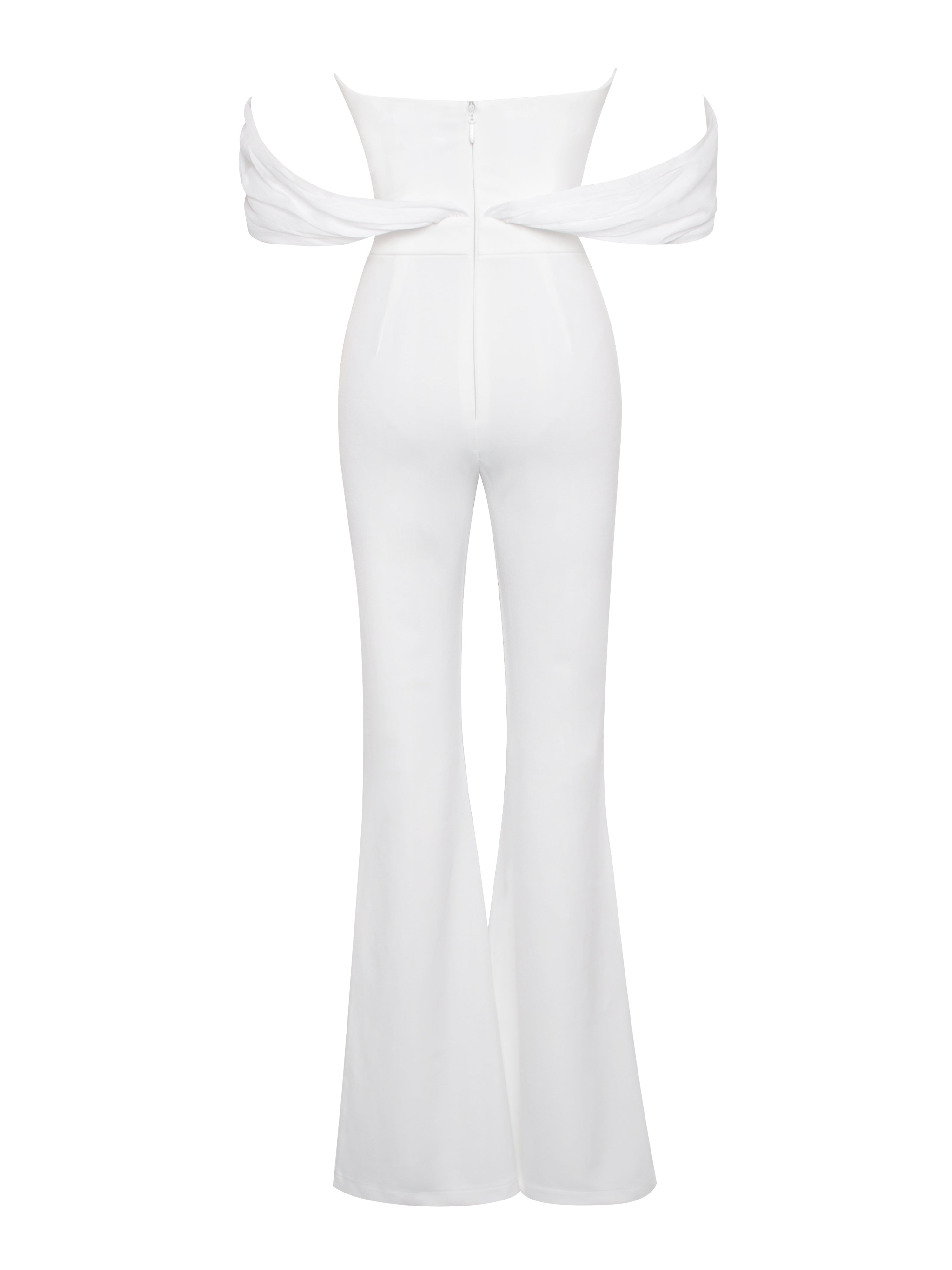 Sherlyn White Off Shoulder Flared Crepe Jumpsuit (Archive Sale)