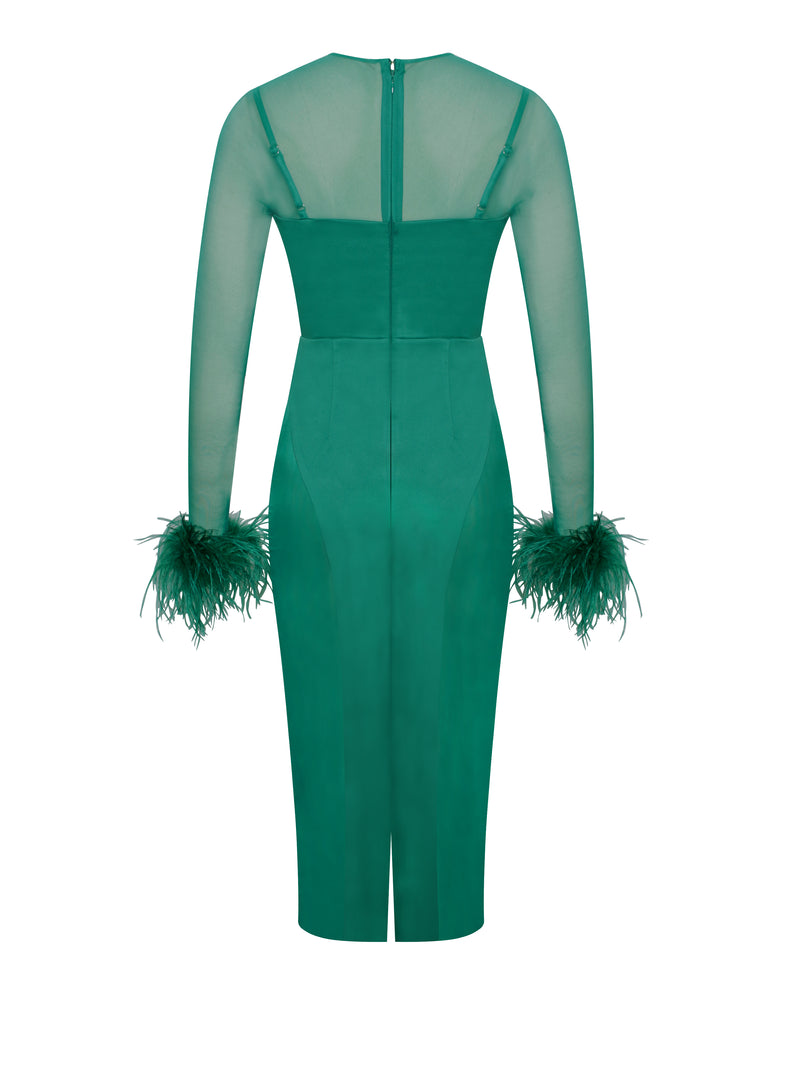 Oaklie Emerald Green Satin Mesh Sleeve Dress With Feathers
