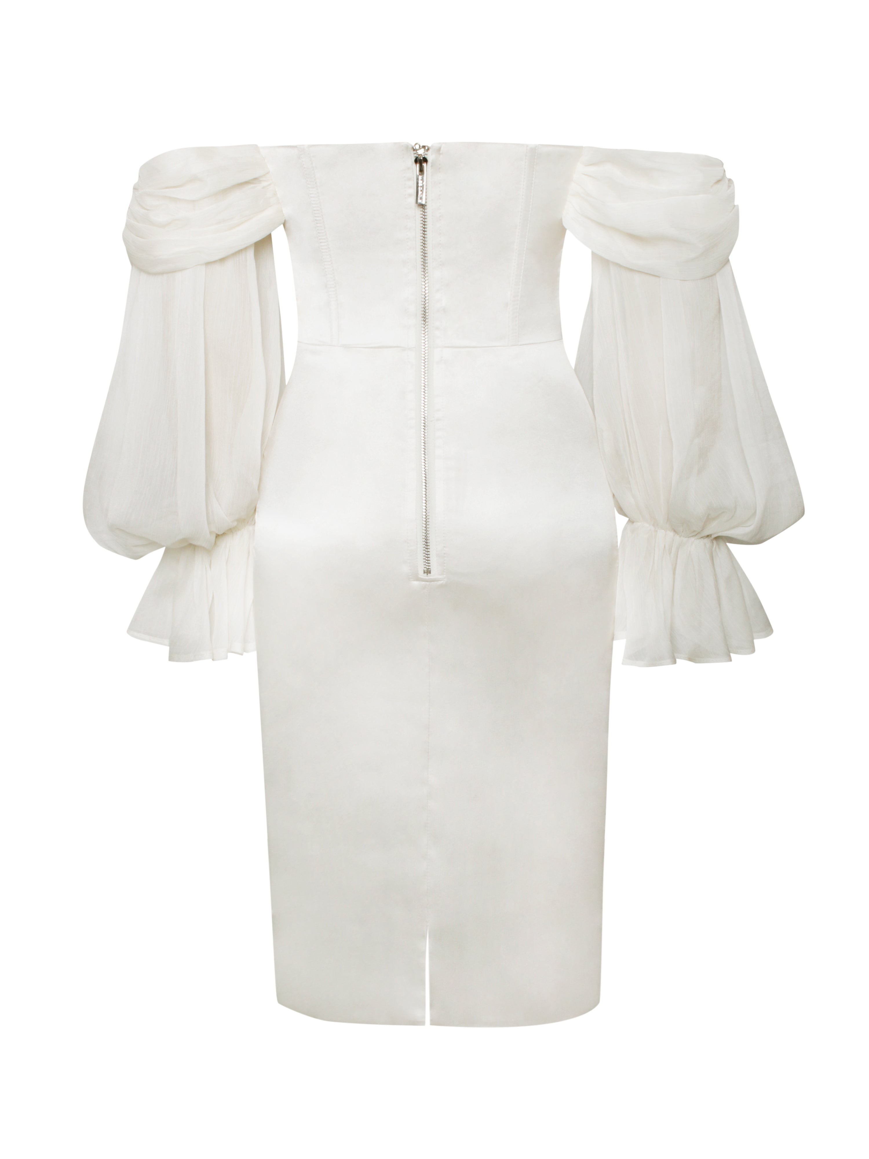 Lydia Pearl White Satin Off Shoulder Puff Sleeve Dress (Archive Sale)