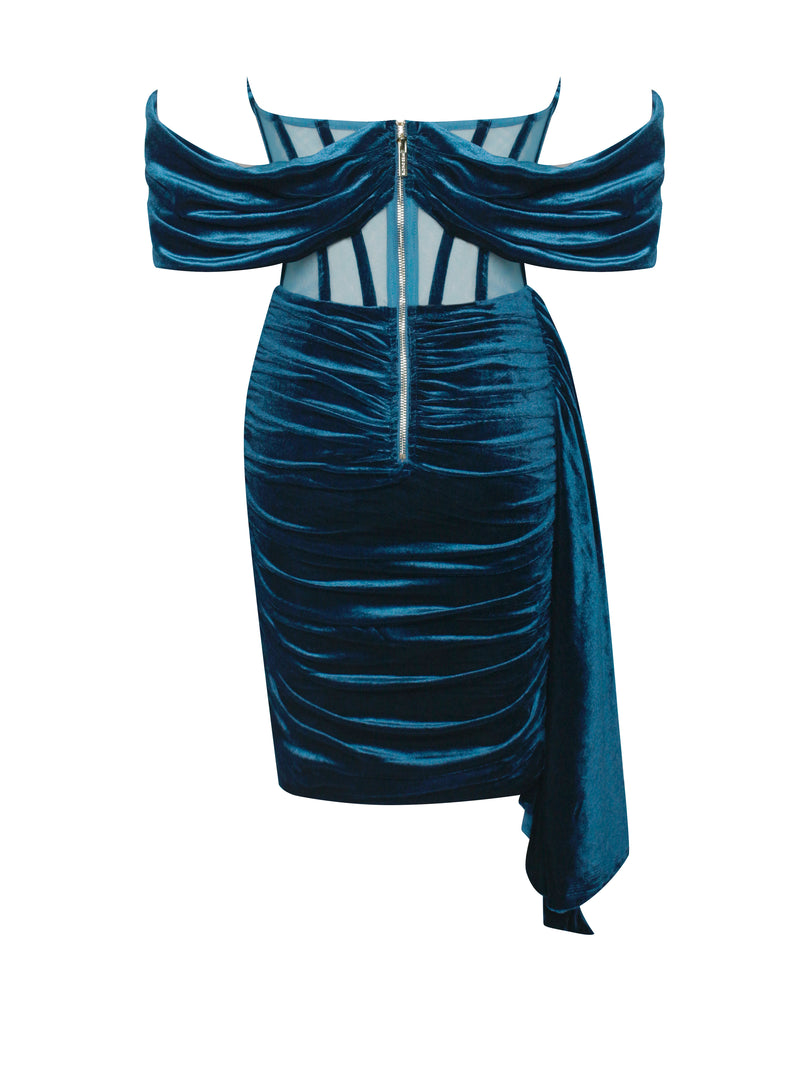 Irisa Teal Blue Draping Off Shoulder Corset Dress